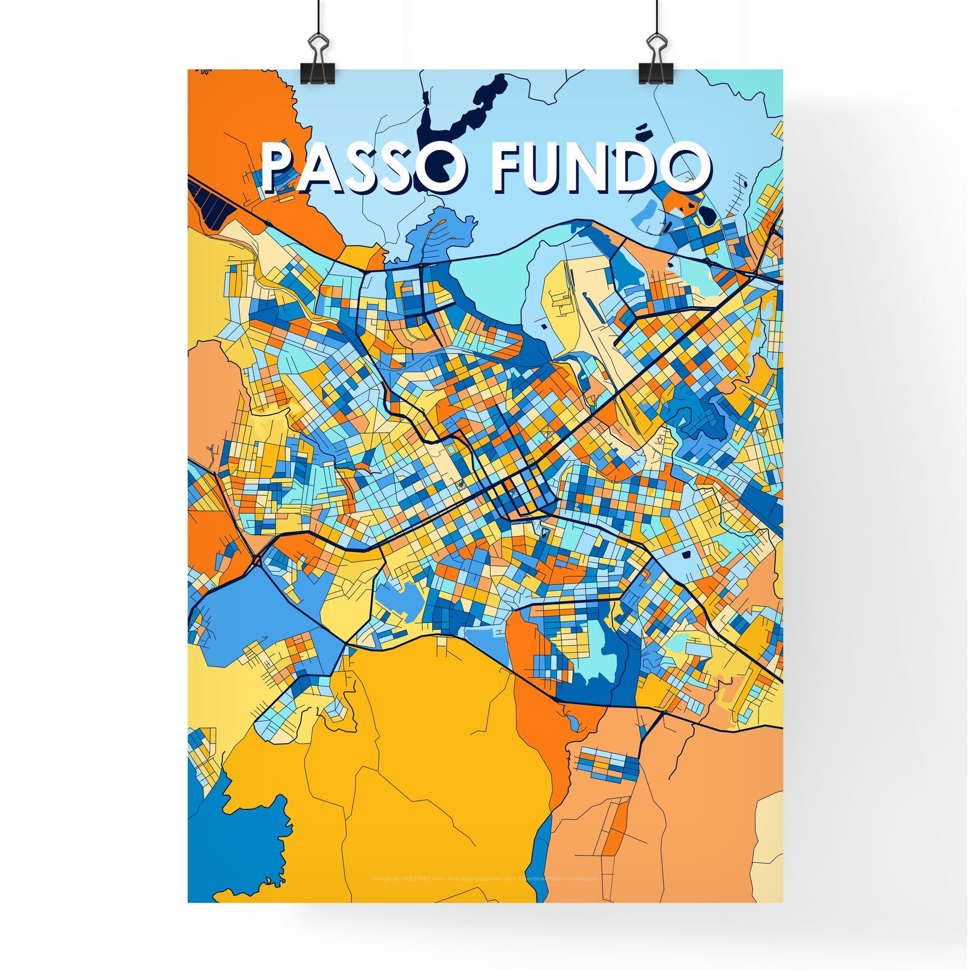 PASSO FUNDO BRAZIL Vibrant Colorful Art Map Poster Blue Orange