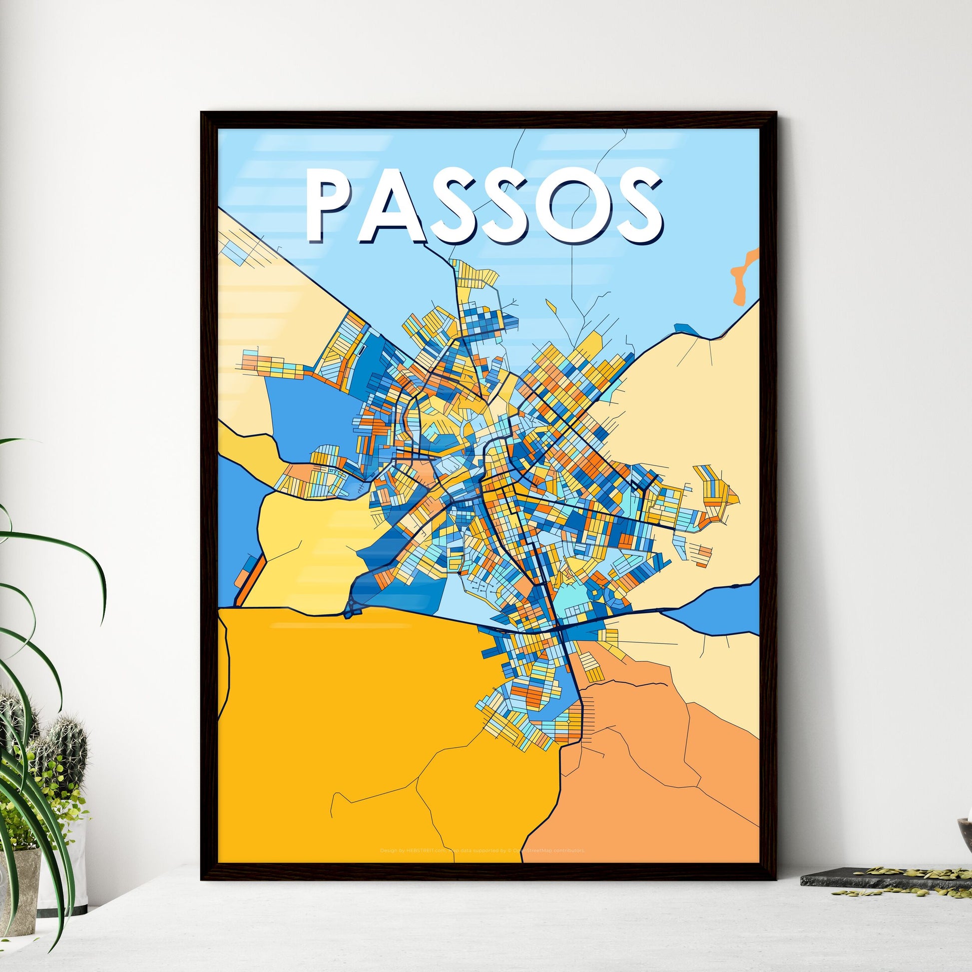 PASSOS BRAZIL Vibrant Colorful Art Map Poster Blue Orange