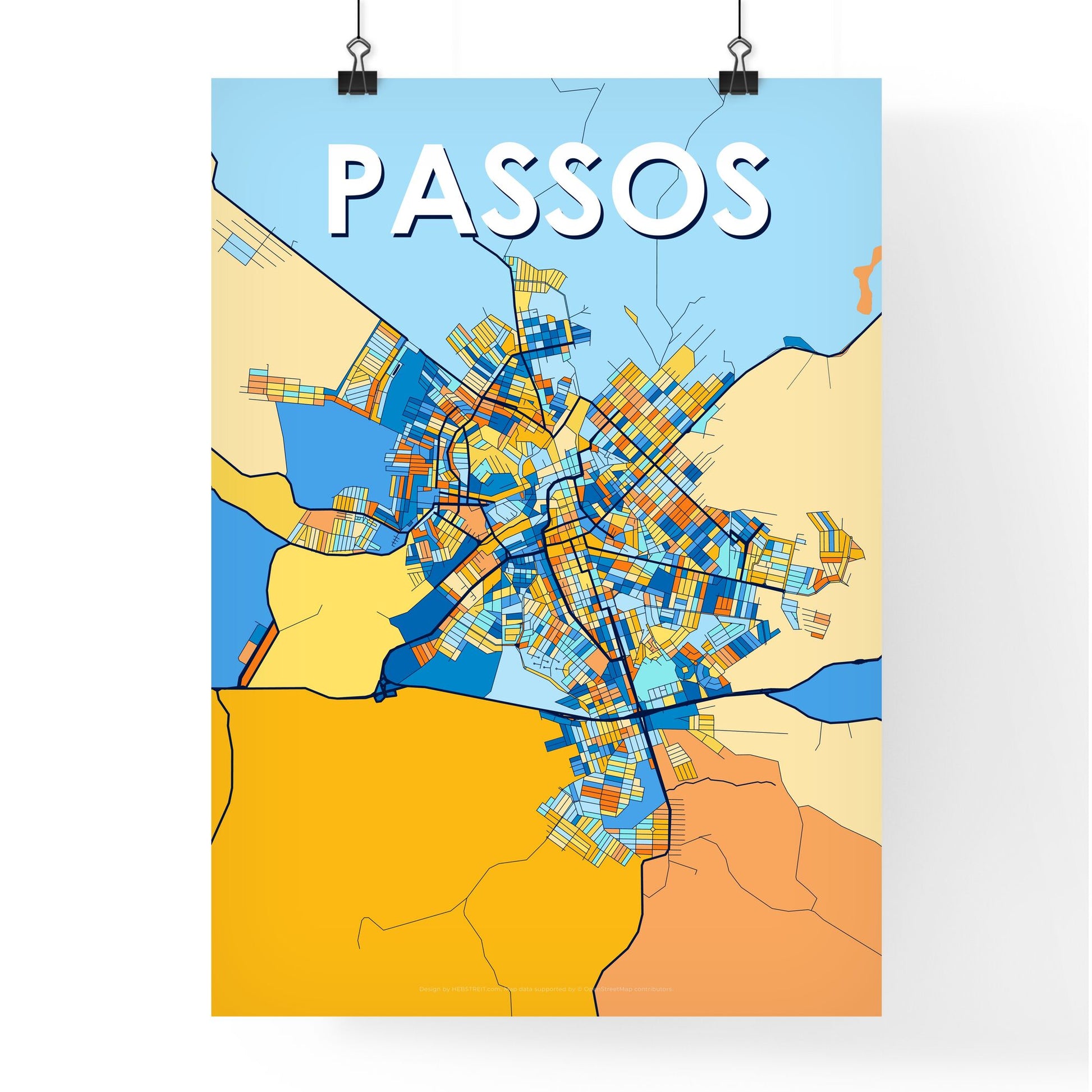 PASSOS BRAZIL Vibrant Colorful Art Map Poster Blue Orange