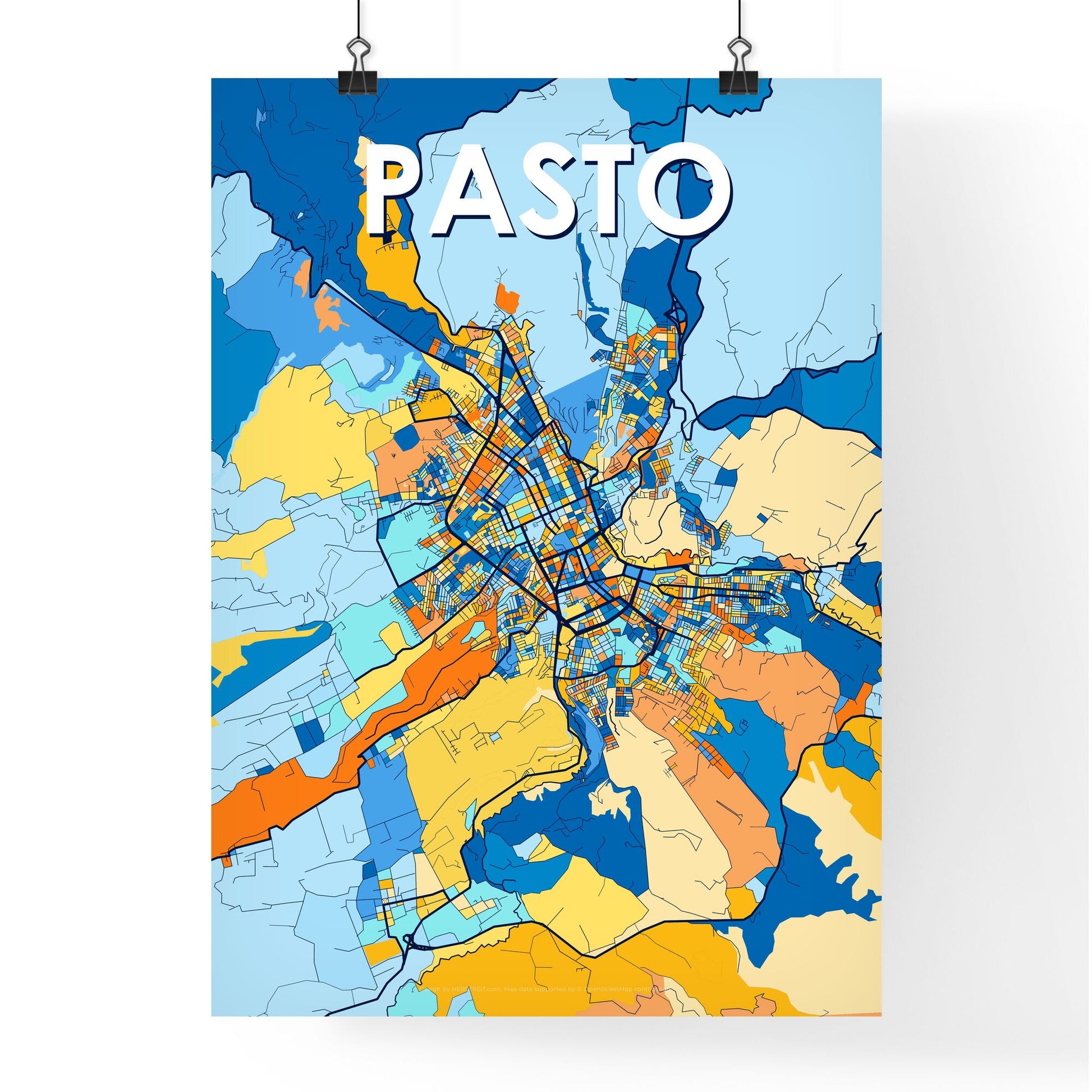 PASTO COLOMBIA Vibrant Colorful Art Map Poster Blue Orange