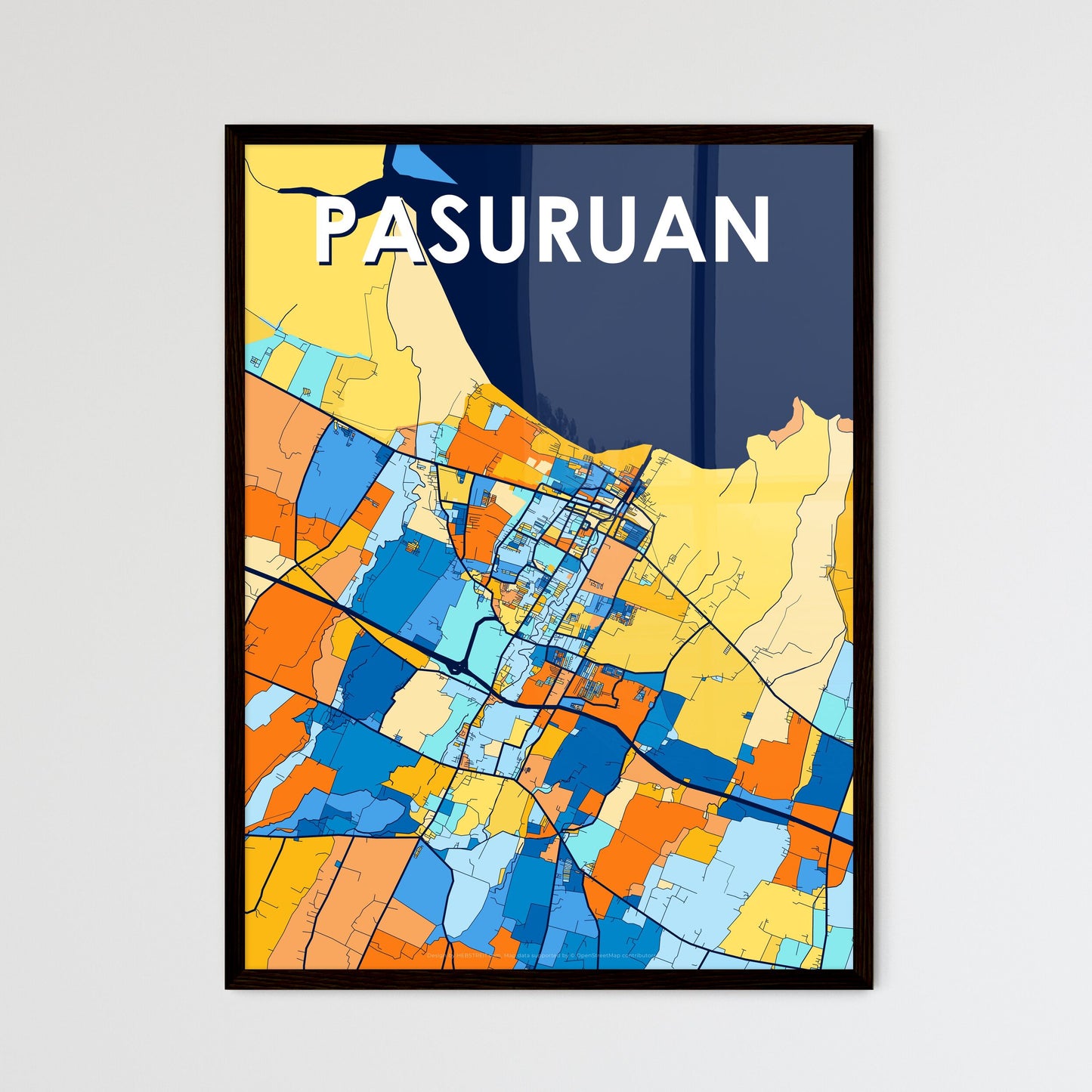 PASURUAN INDONESIA Vibrant Colorful Art Map Poster Blue Orange