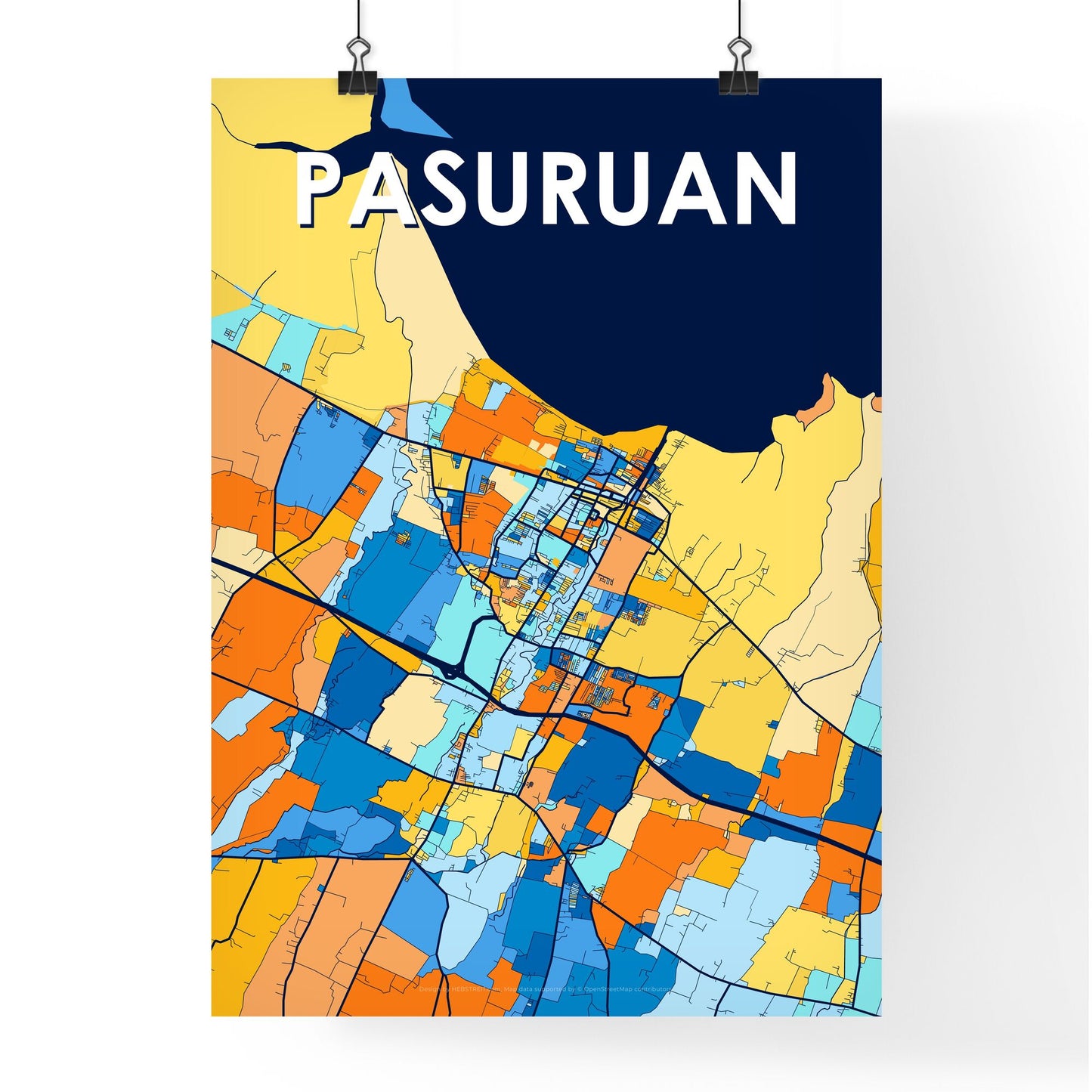 PASURUAN INDONESIA Vibrant Colorful Art Map Poster Blue Orange