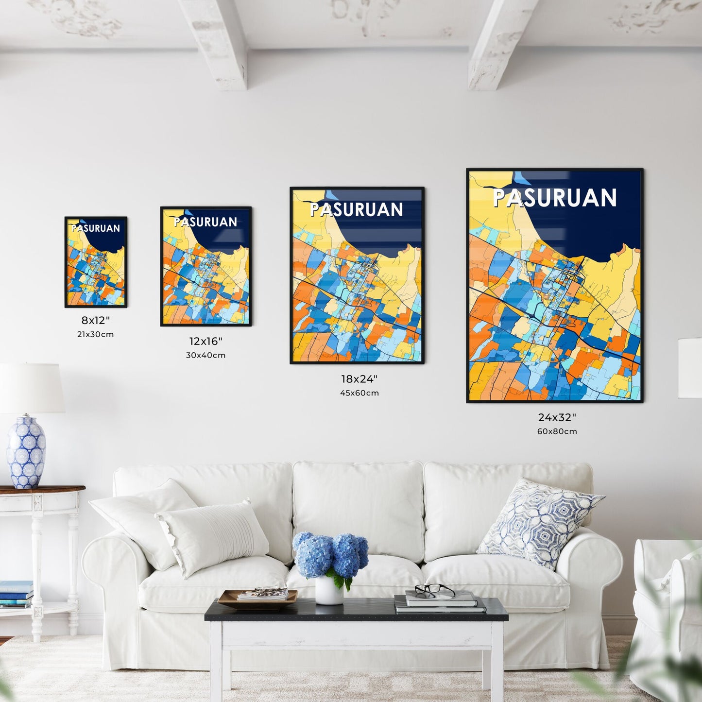 PASURUAN INDONESIA Vibrant Colorful Art Map Poster Blue Orange