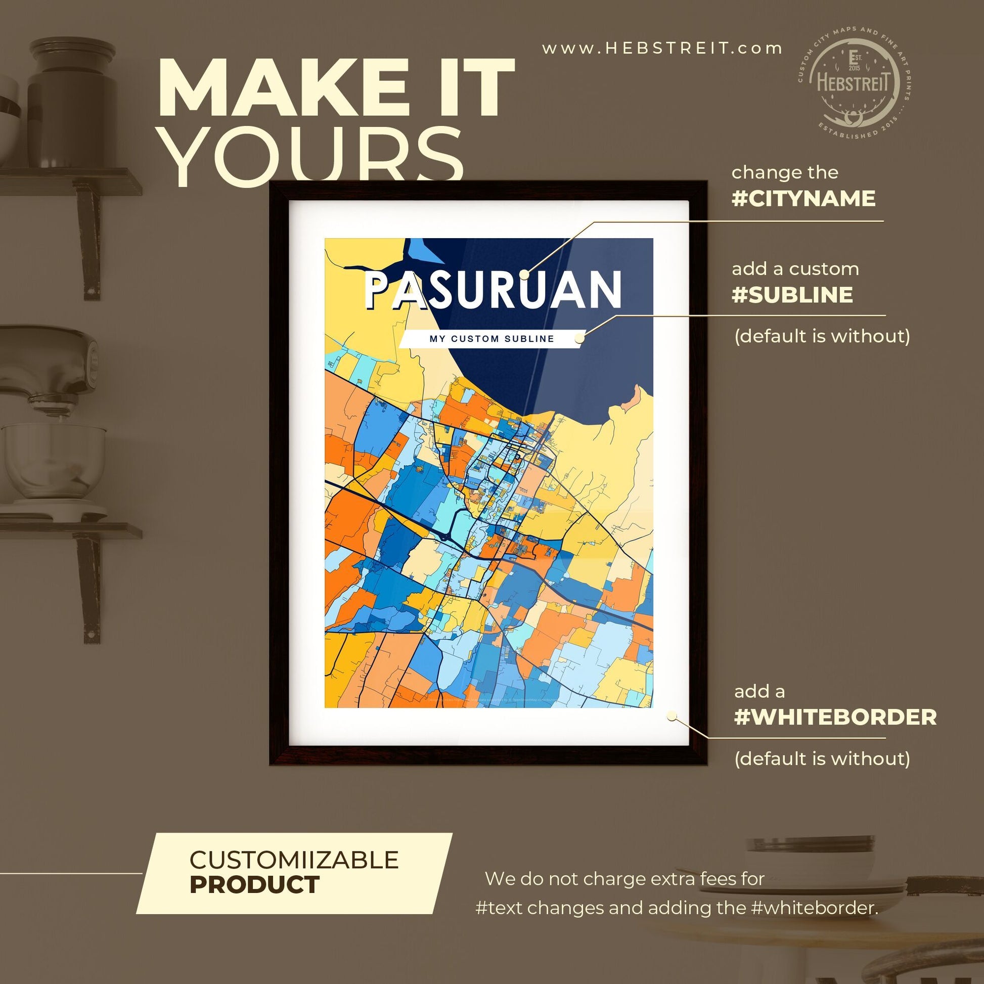 PASURUAN INDONESIA Vibrant Colorful Art Map Poster Blue Orange