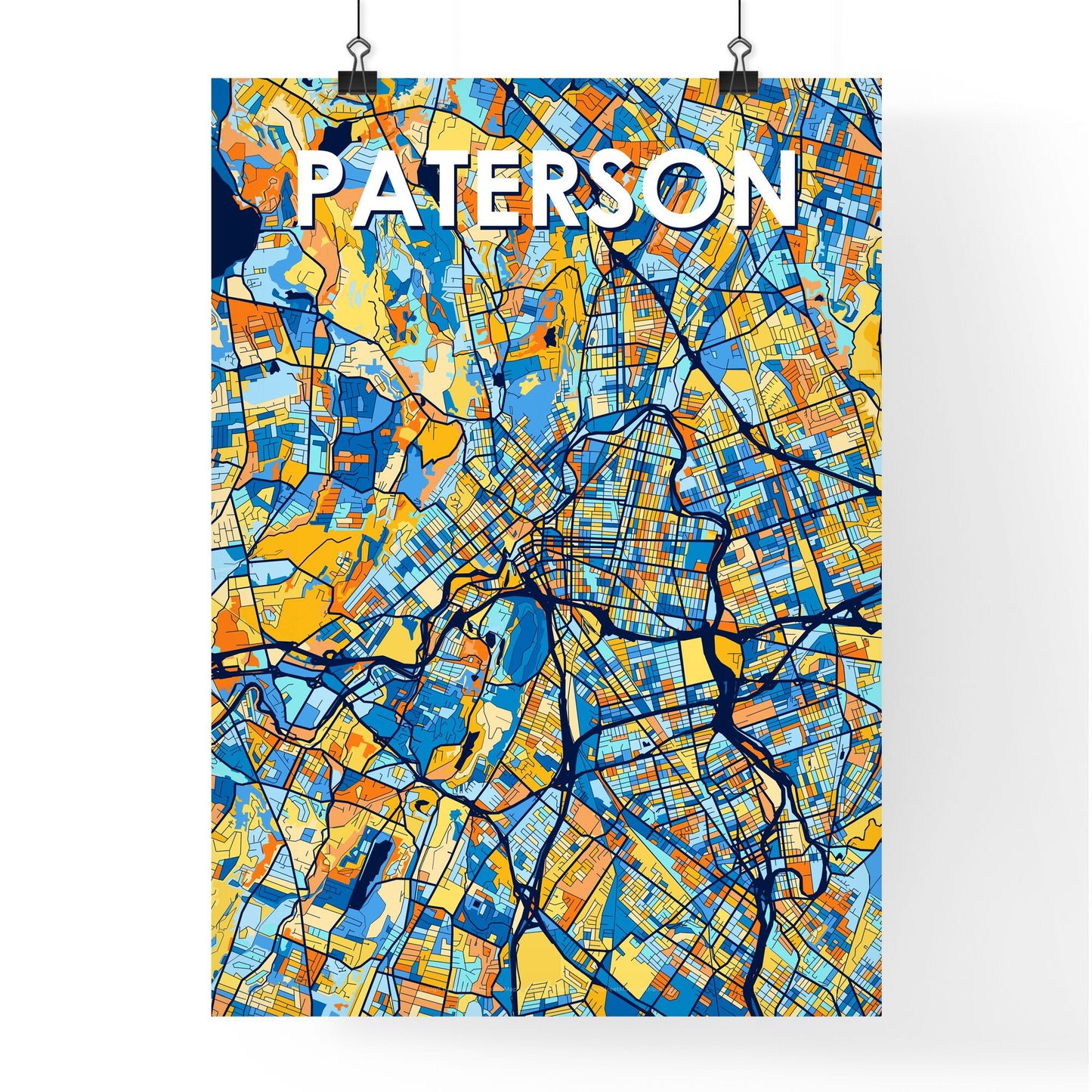 PATERSON NEW JERSEY Vibrant Colorful Art Map Poster Blue Orange