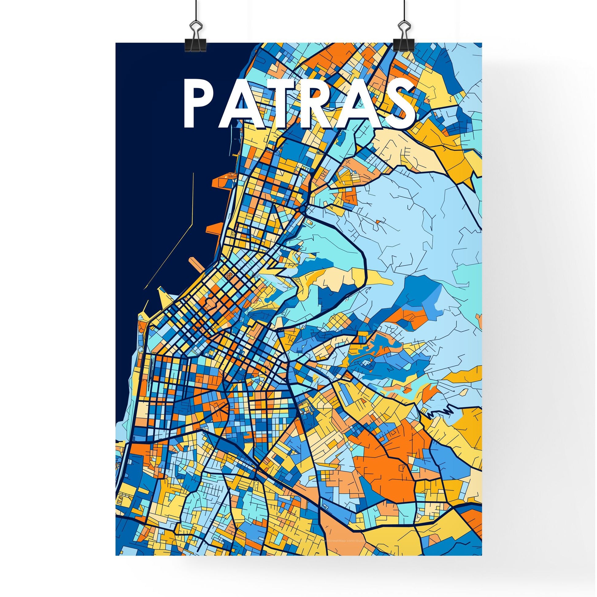 PATRAS GREECE Vibrant Colorful Art Map Poster Blue Orange