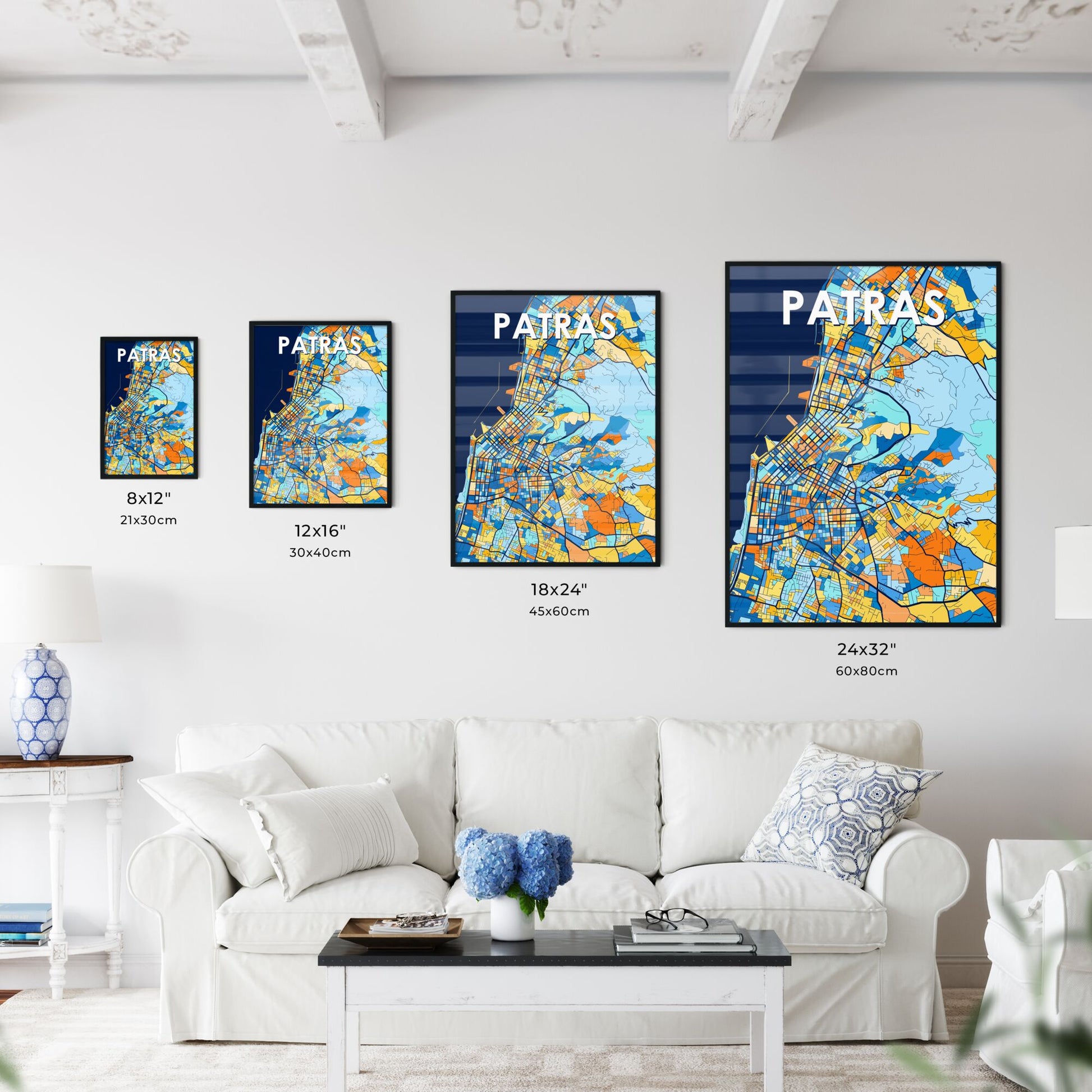 PATRAS GREECE Vibrant Colorful Art Map Poster Blue Orange