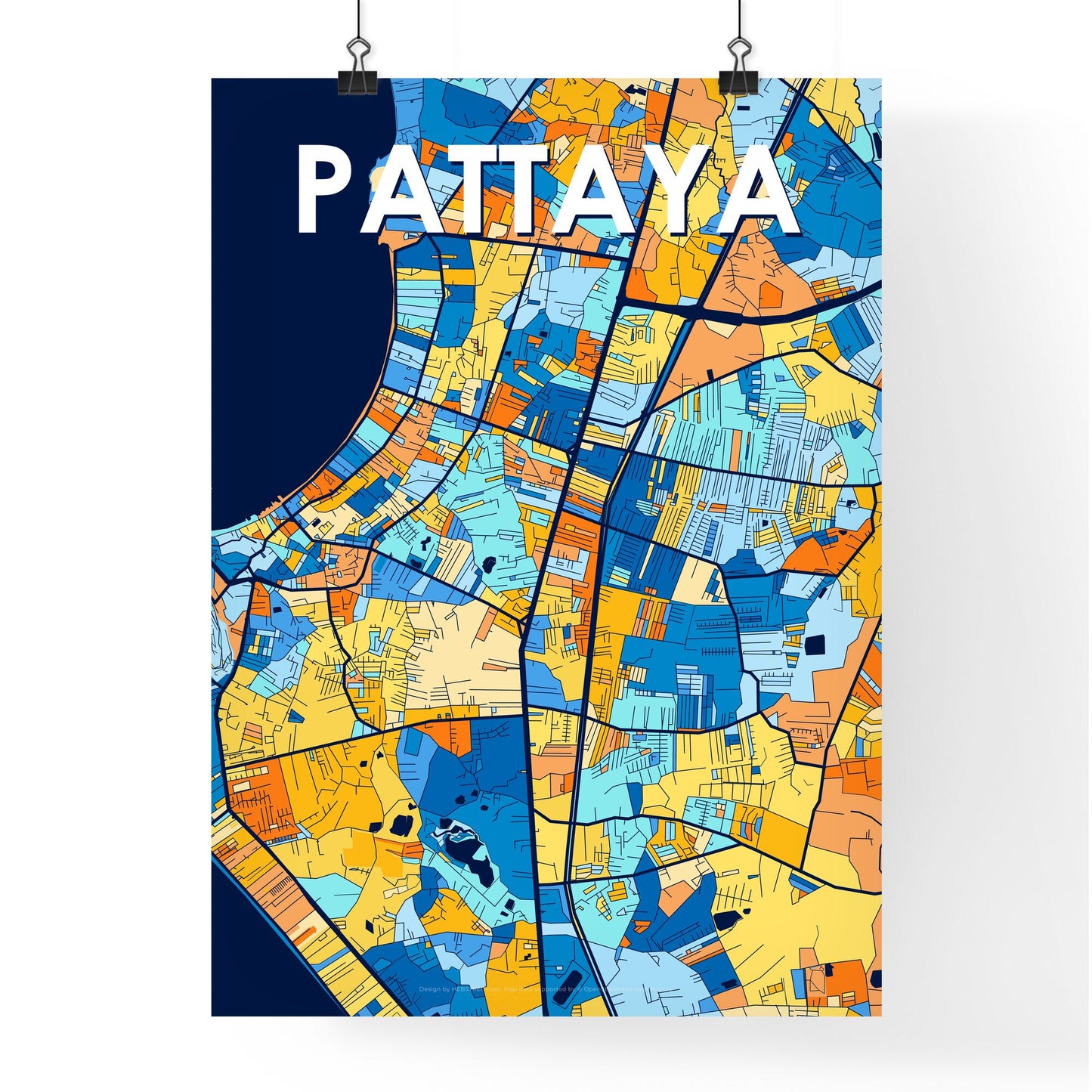 PATTAYA THAILAND Vibrant Colorful Art Map Poster Blue Orange