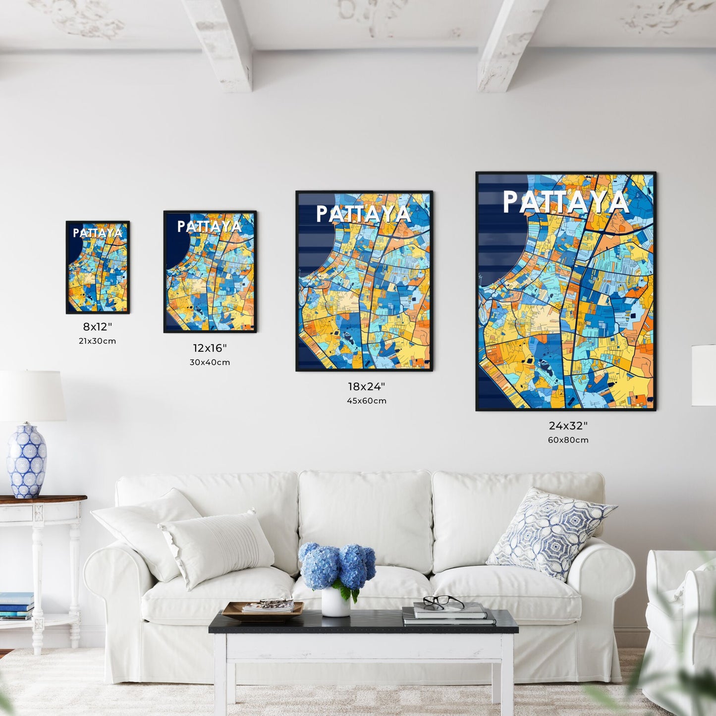 PATTAYA THAILAND Vibrant Colorful Art Map Poster Blue Orange