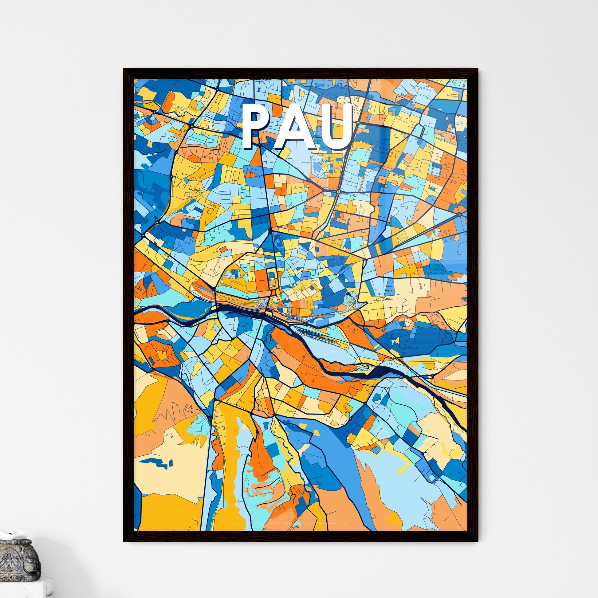 PAU FRANCE Vibrant Colorful Art Map Poster Blue Orange