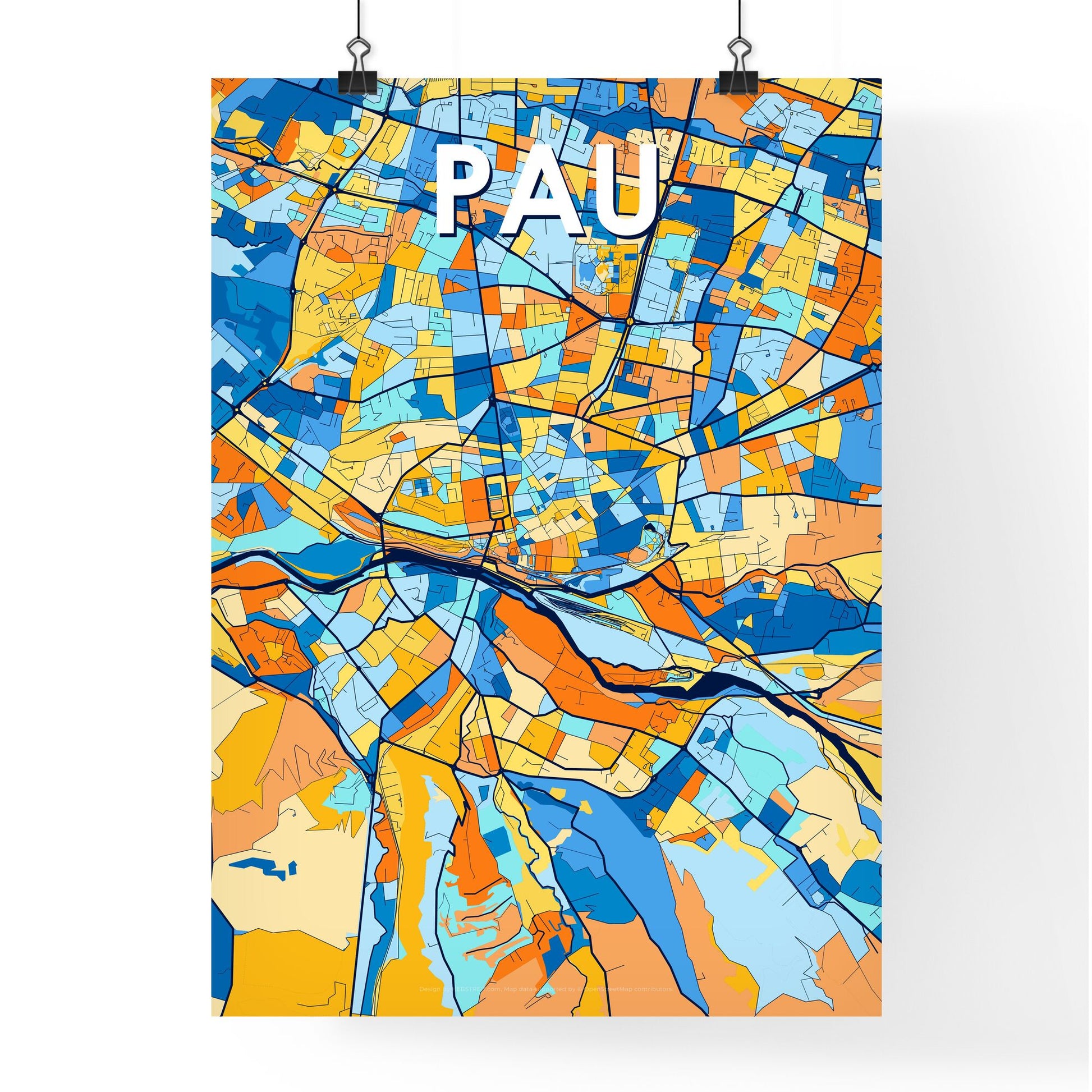 PAU FRANCE Vibrant Colorful Art Map Poster Blue Orange