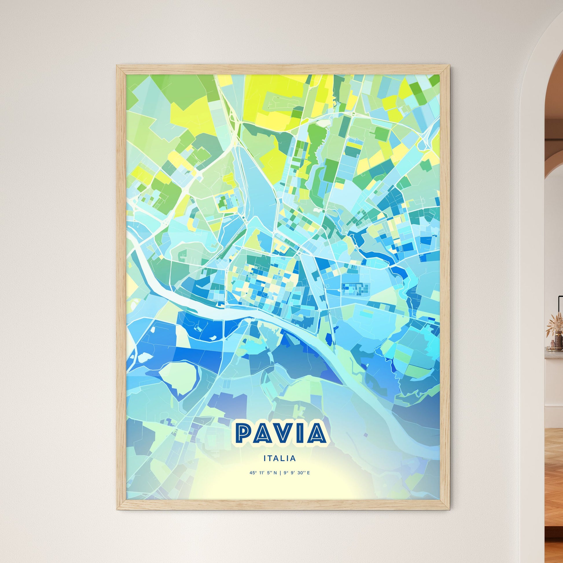 Colorful Pavia Italy Fine Art Map Cool Blue