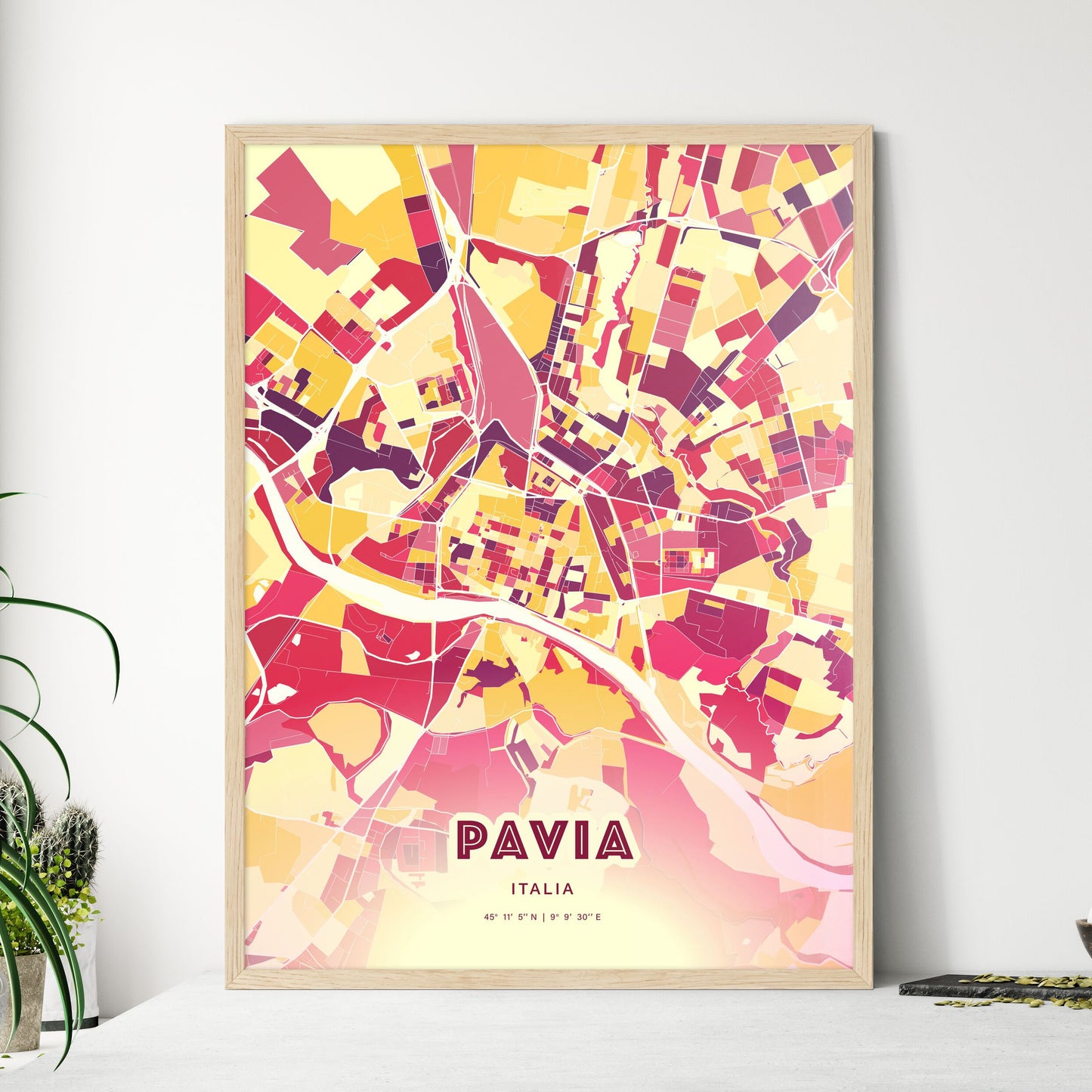 Colorful Pavia Italy Fine Art Map Hot Red