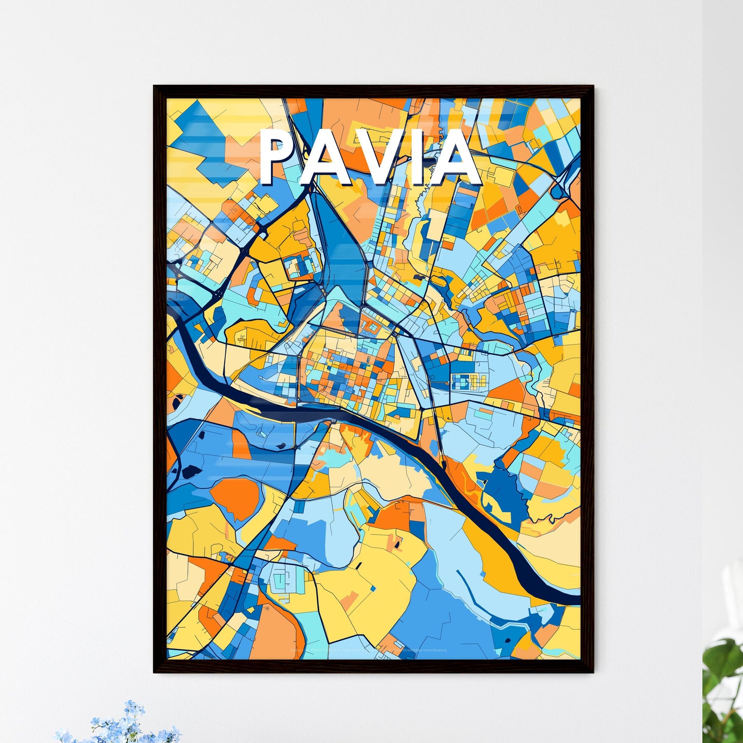 PAVIA ITALY Vibrant Colorful Art Map Poster Blue Orange