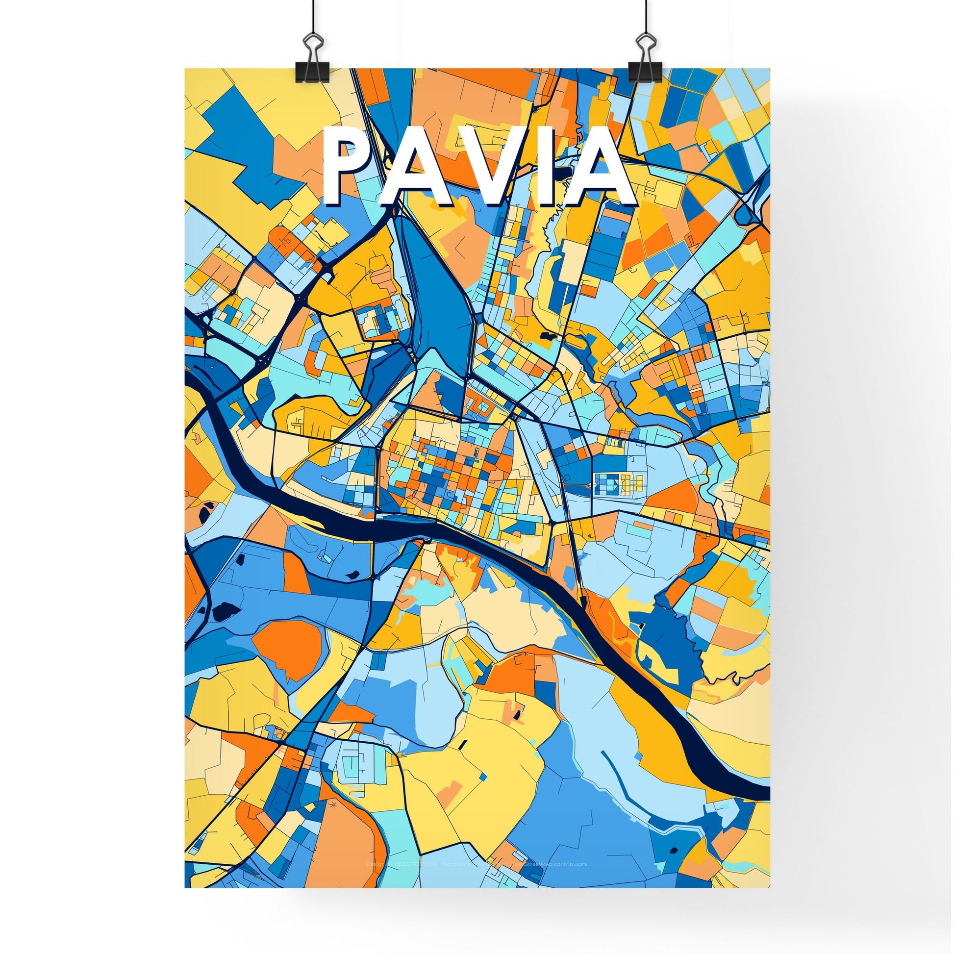 PAVIA ITALY Vibrant Colorful Art Map Poster Blue Orange