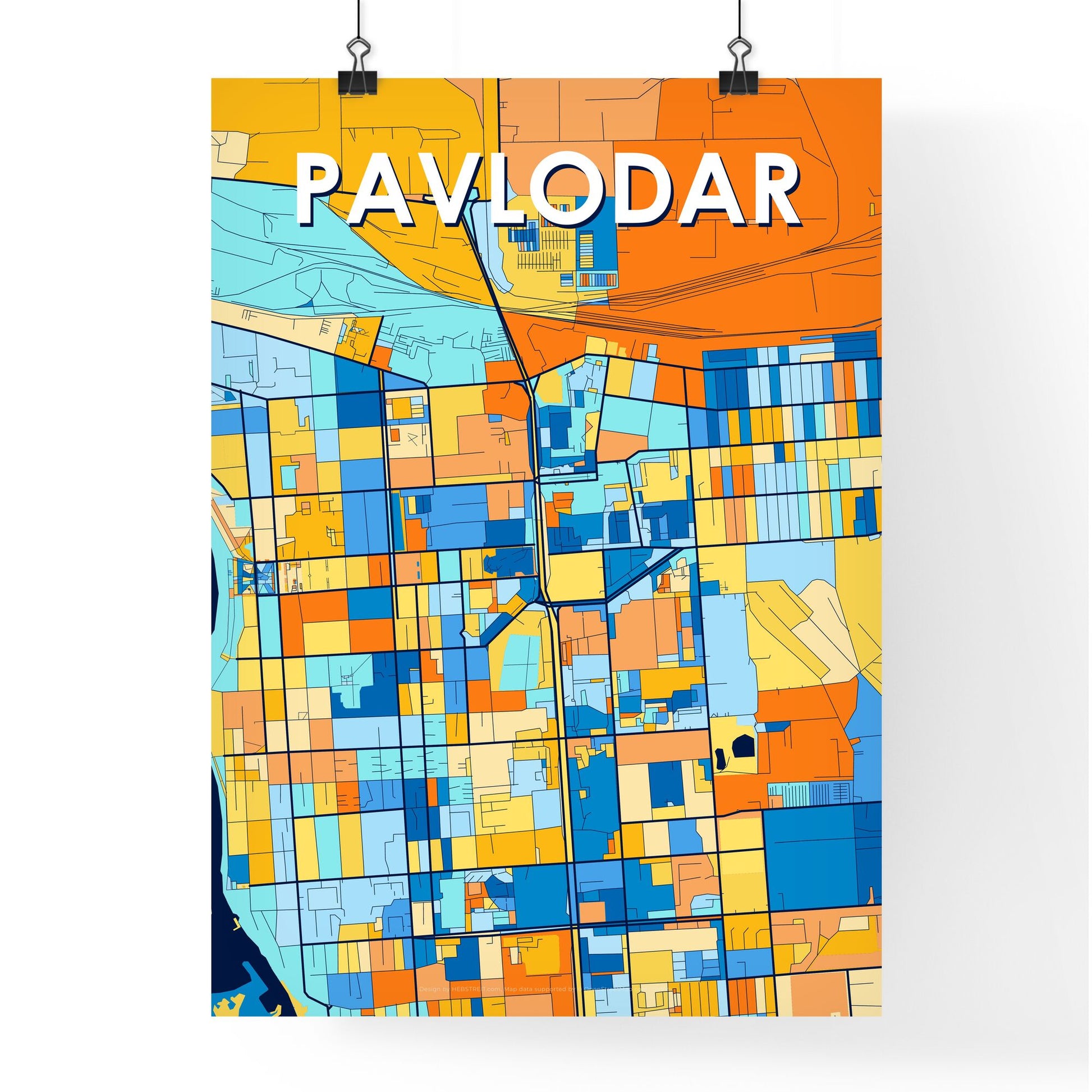 PAVLODAR KAZAKHSTAN Vibrant Colorful Art Map Poster Blue Orange