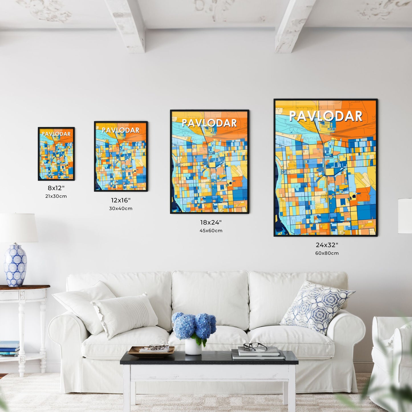 PAVLODAR KAZAKHSTAN Vibrant Colorful Art Map Poster Blue Orange