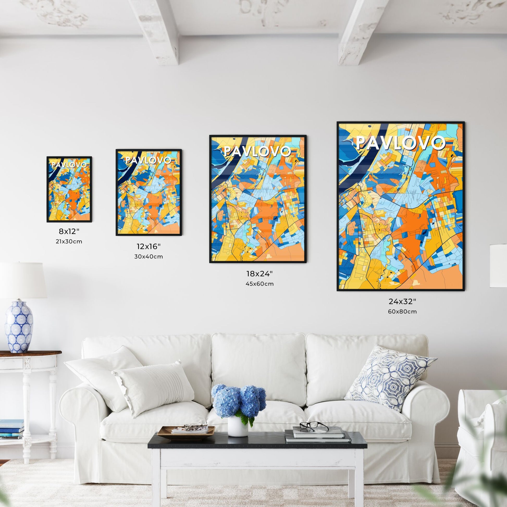 PAVLOVO RUSSIA Vibrant Colorful Art Map Poster Blue Orange