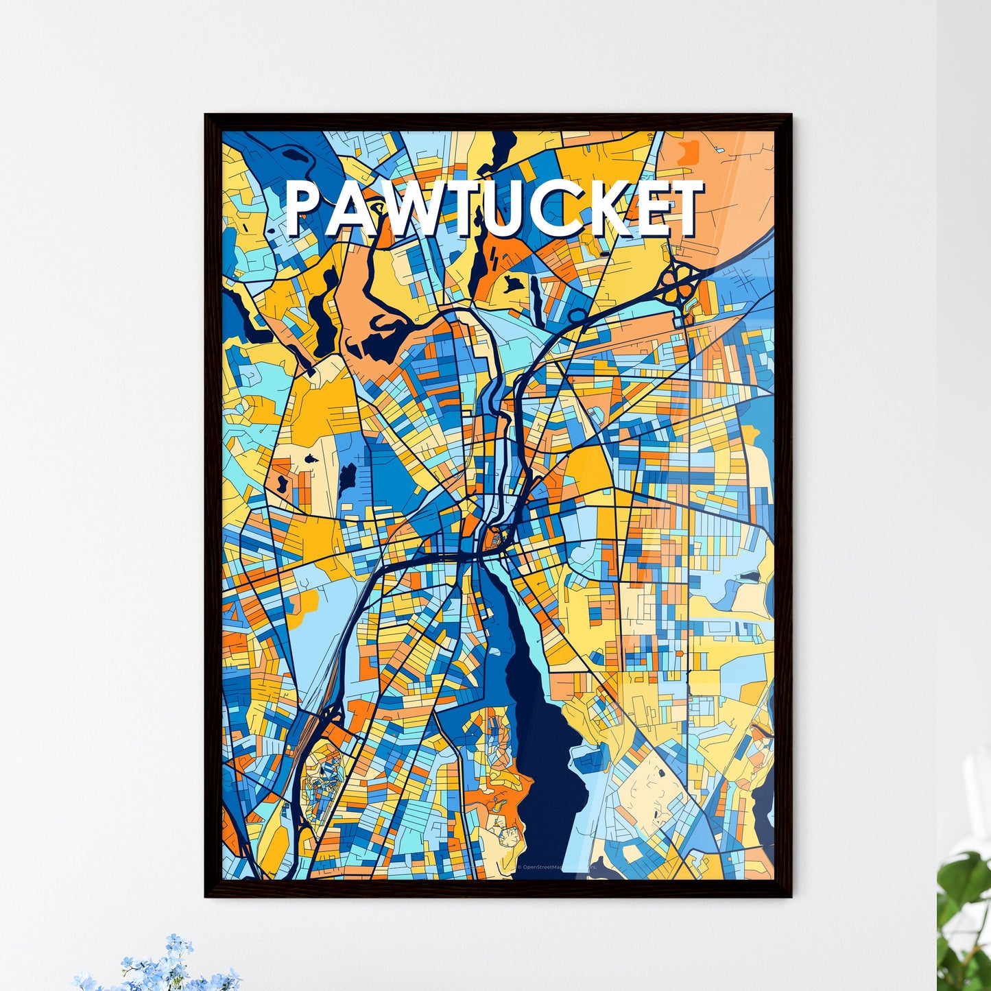 PAWTUCKET RHODE ISLAND Vibrant Colorful Art Map Poster Blue Orange