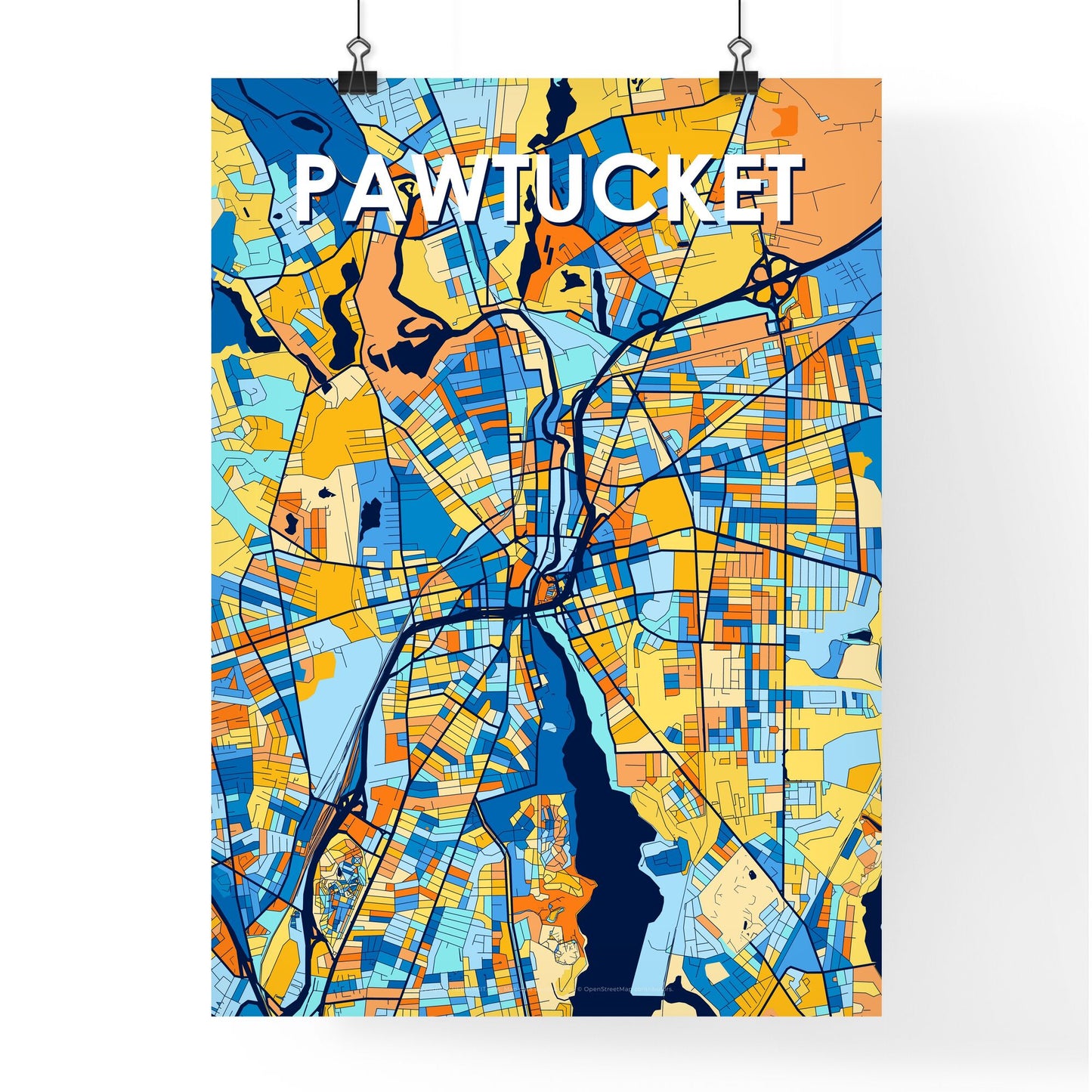 PAWTUCKET RHODE ISLAND Vibrant Colorful Art Map Poster Blue Orange