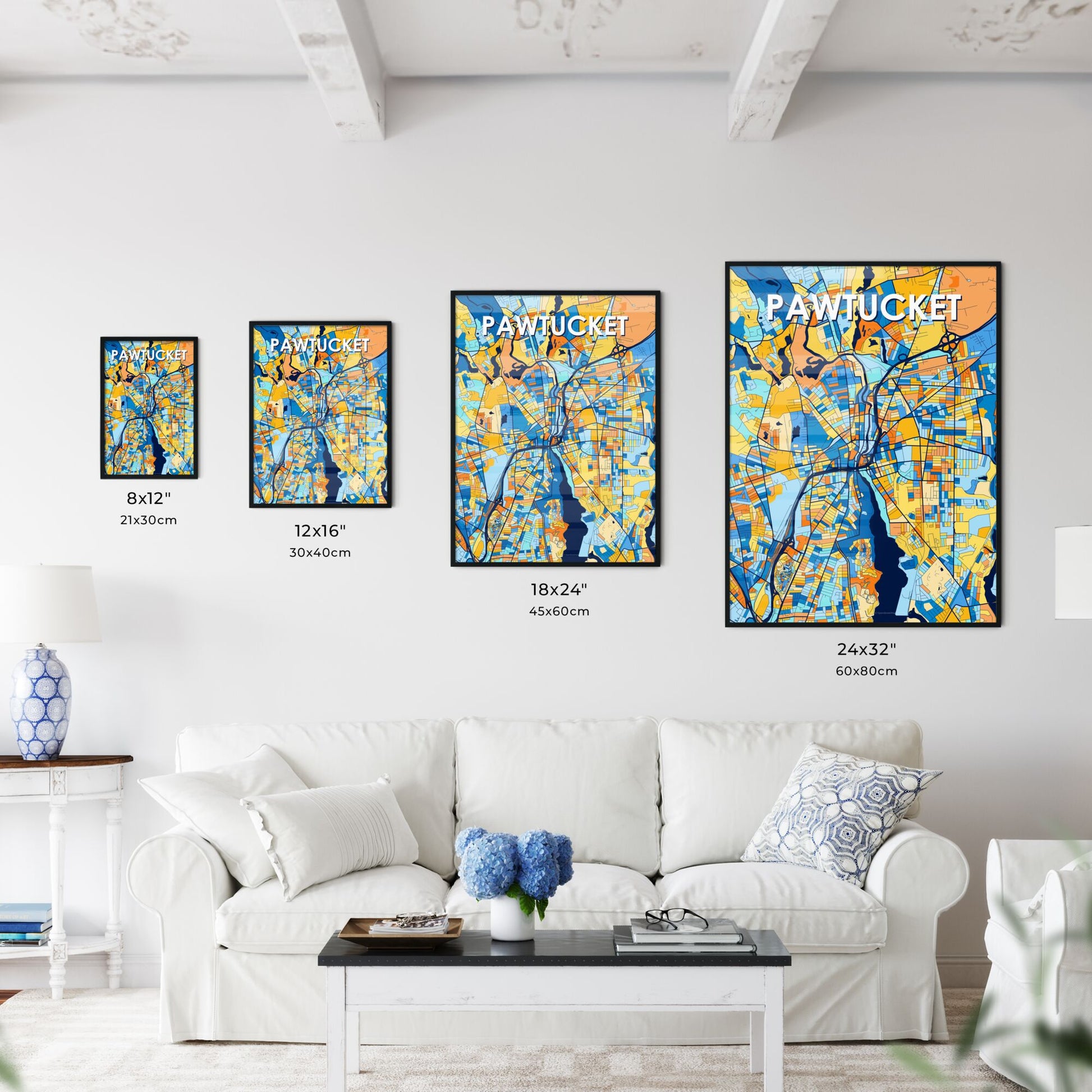 PAWTUCKET RHODE ISLAND Vibrant Colorful Art Map Poster Blue Orange