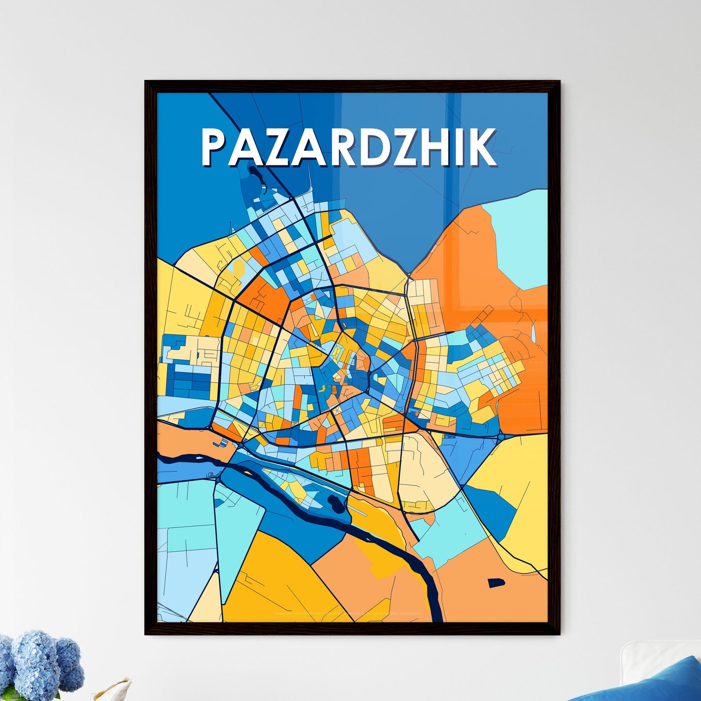 PAZARDZHIK BULGARIA Vibrant Colorful Art Map Poster Blue Orange