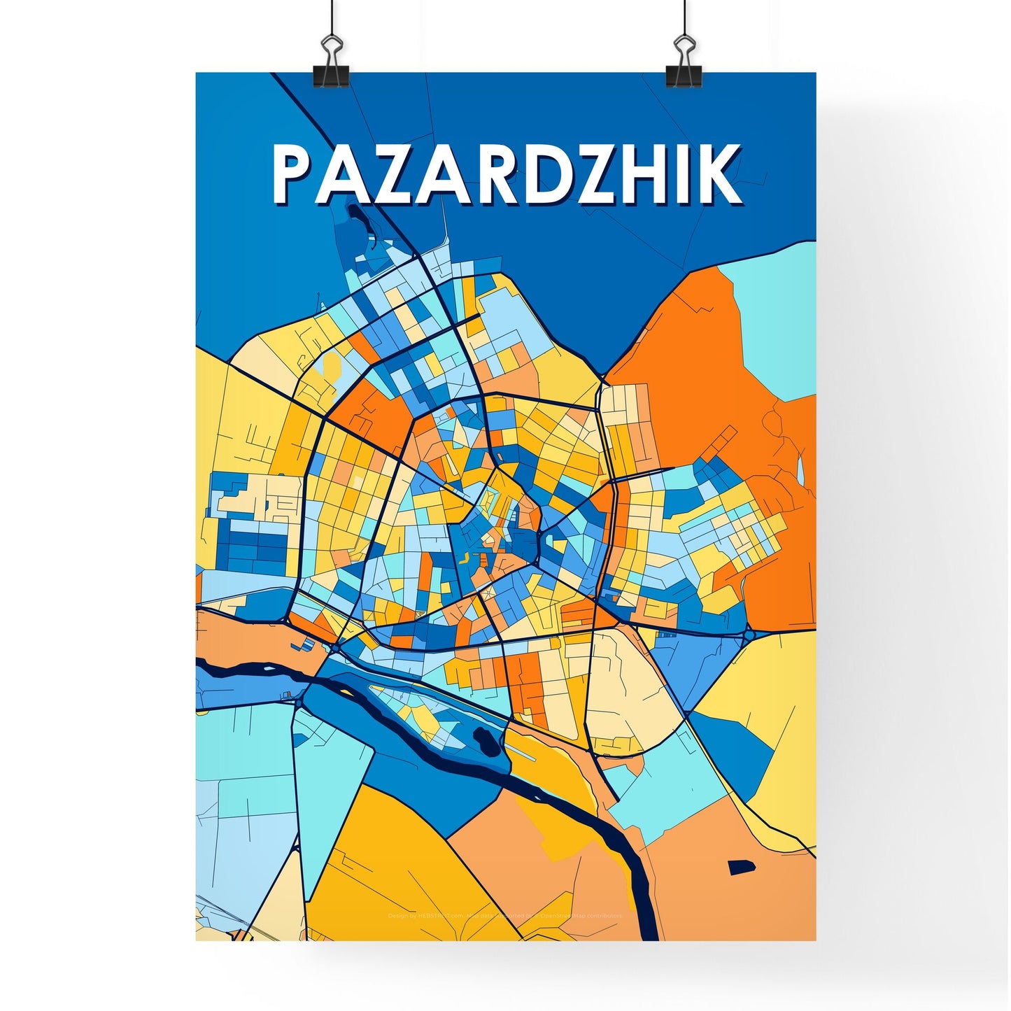 PAZARDZHIK BULGARIA Vibrant Colorful Art Map Poster Blue Orange