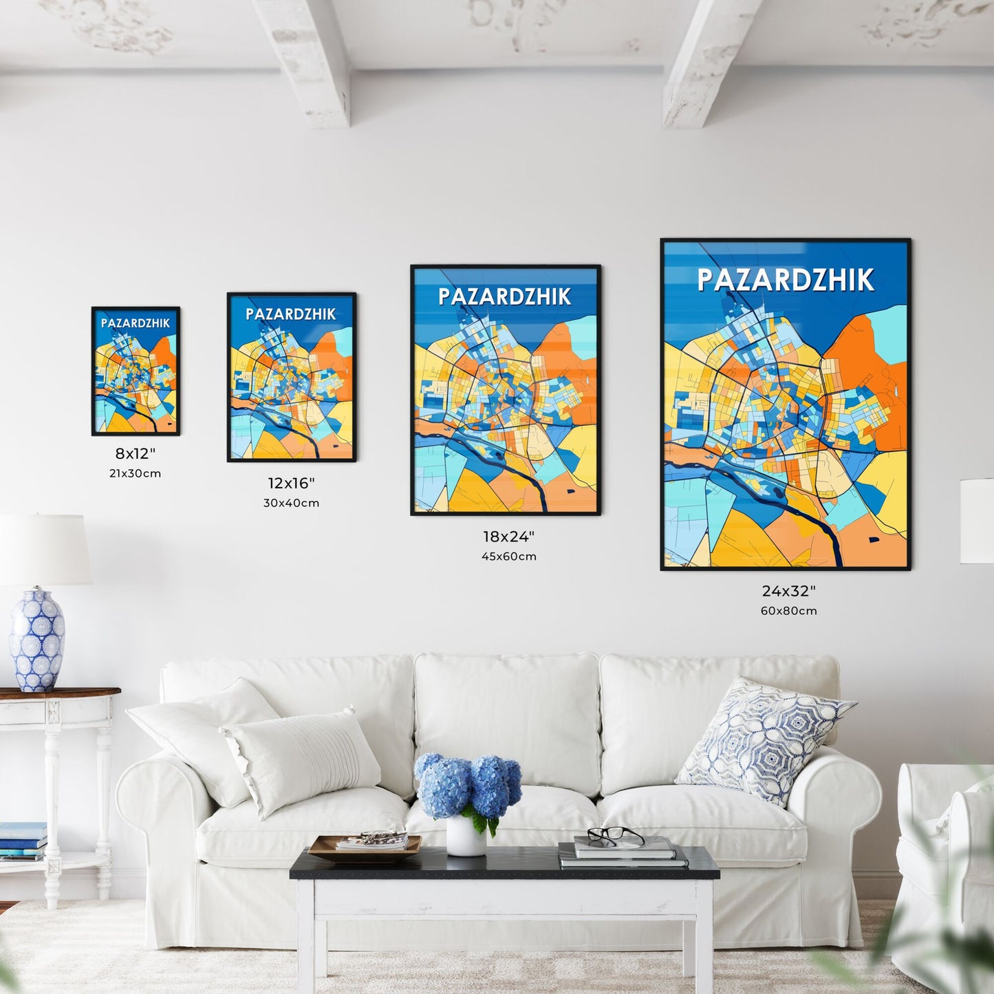 PAZARDZHIK BULGARIA Vibrant Colorful Art Map Poster Blue Orange