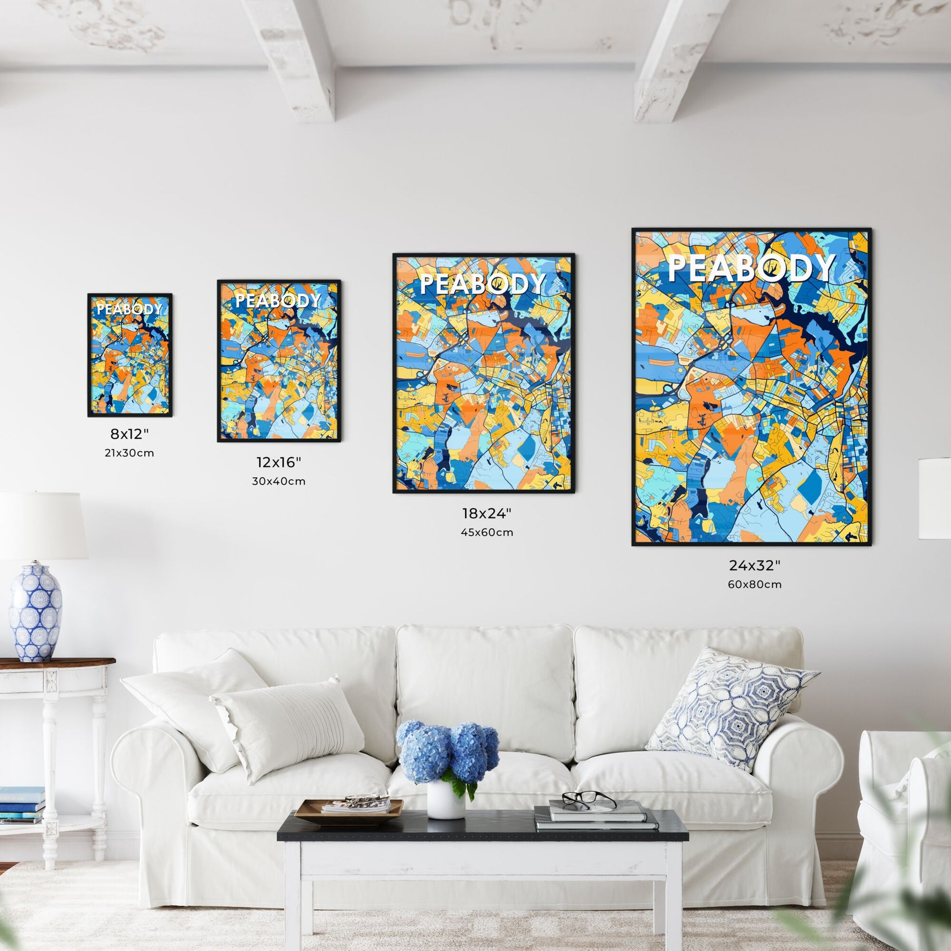 PEABODY MASSACHUSETTS Vibrant Colorful Art Map Poster Blue Orange