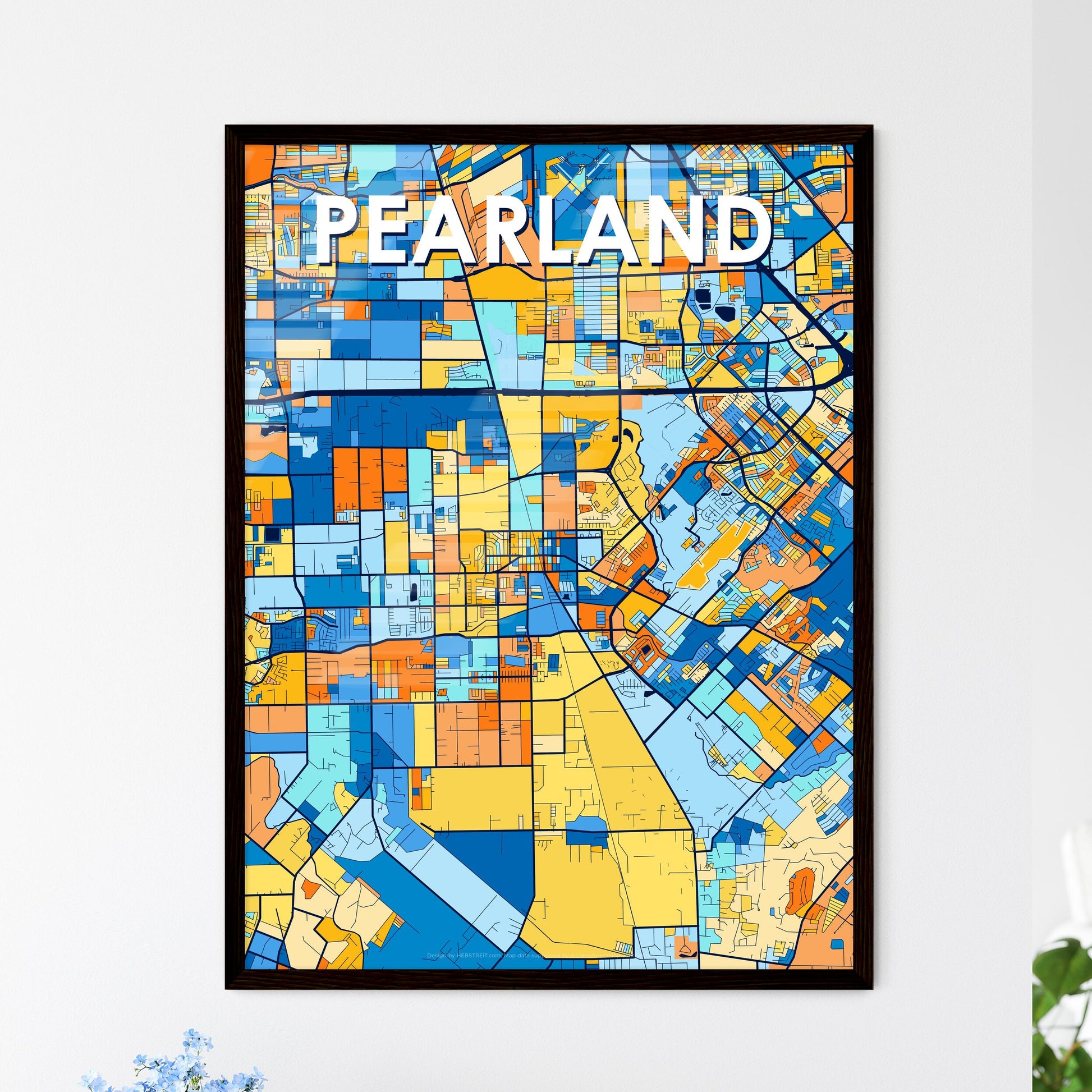 PEARLAND TEXAS Vibrant Colorful Art Map Poster Blue Orange