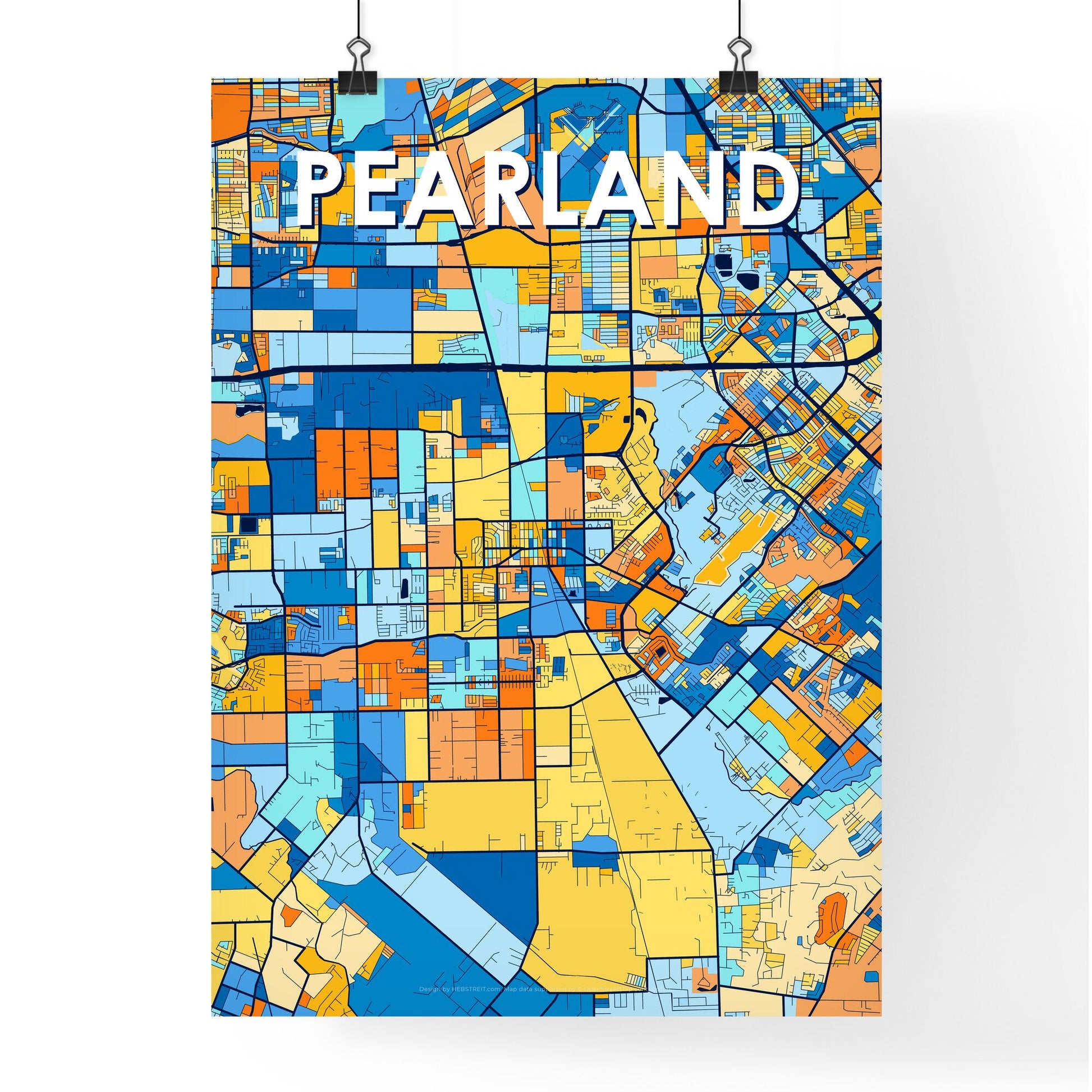 PEARLAND TEXAS Vibrant Colorful Art Map Poster Blue Orange