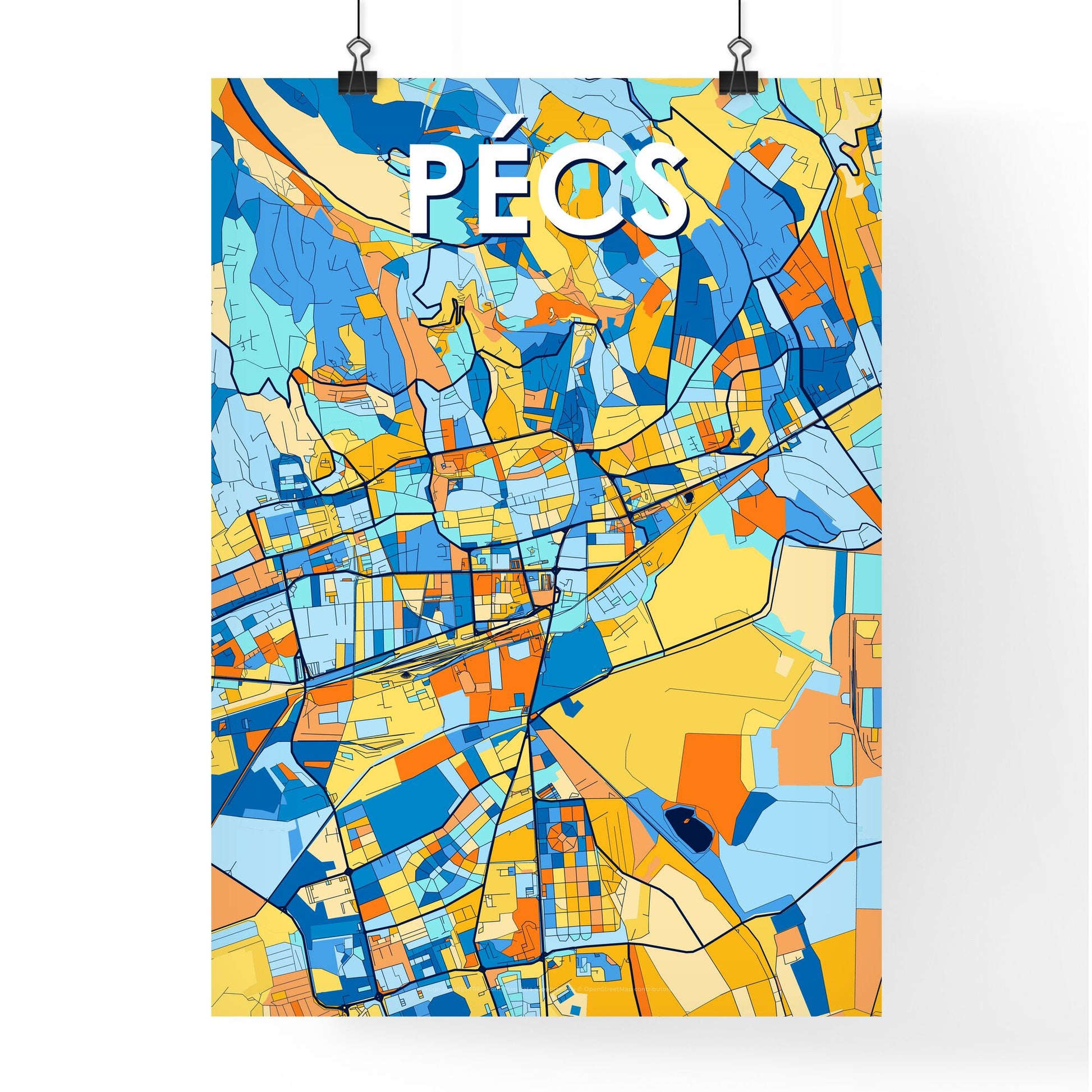 PÉCS HUNGARY Vibrant Colorful Art Map Poster Blue Orange