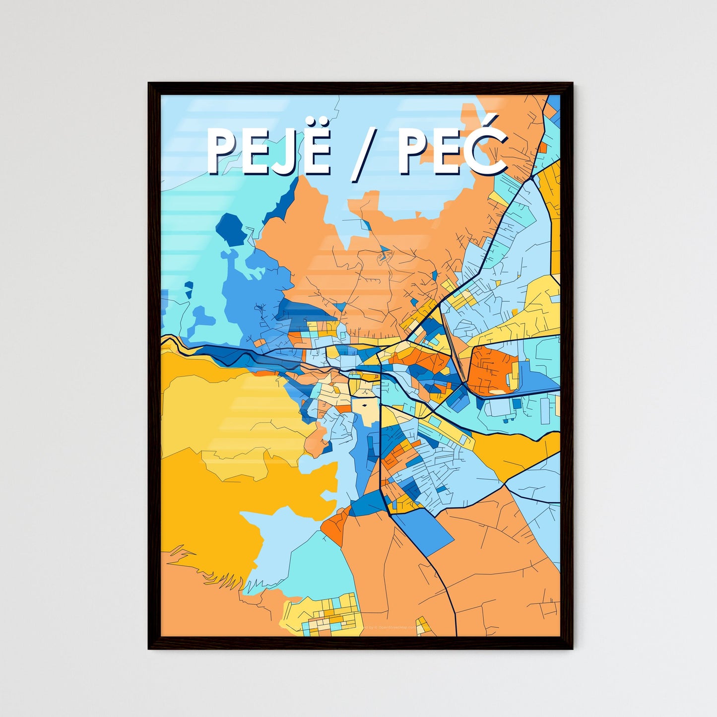 PEJË / PEĆ KOSOVO Vibrant Colorful Art Map Poster Blue Orange