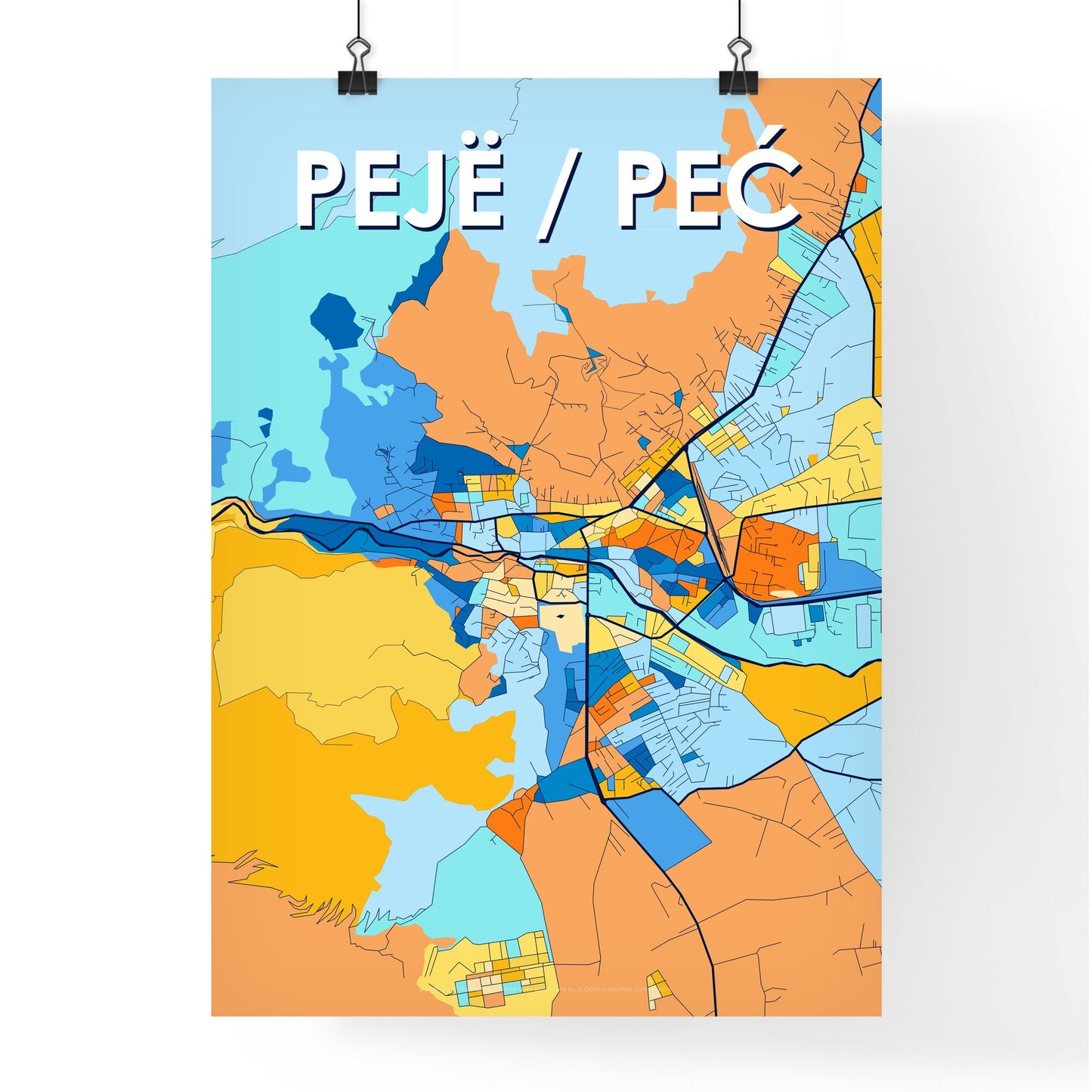 PEJË / PEĆ KOSOVO Vibrant Colorful Art Map Poster Blue Orange