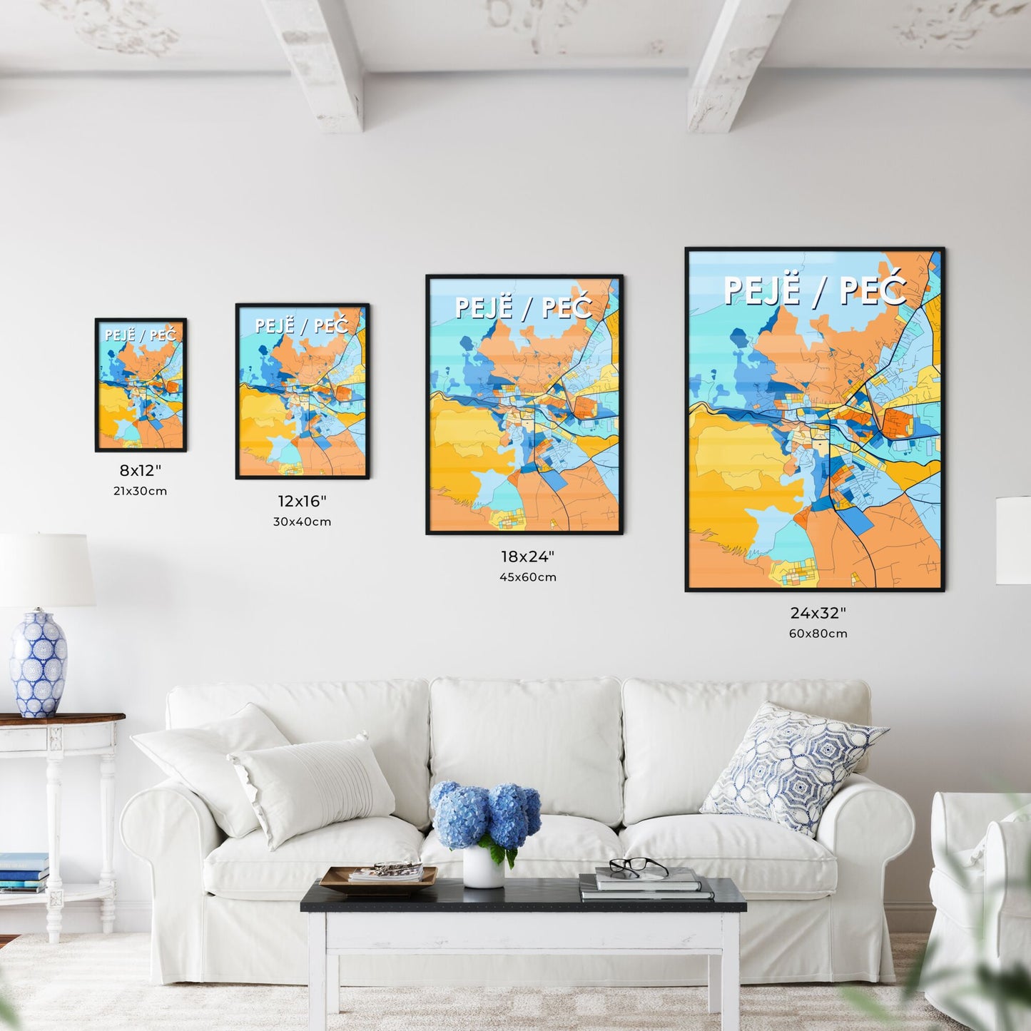 PEJË / PEĆ KOSOVO Vibrant Colorful Art Map Poster Blue Orange