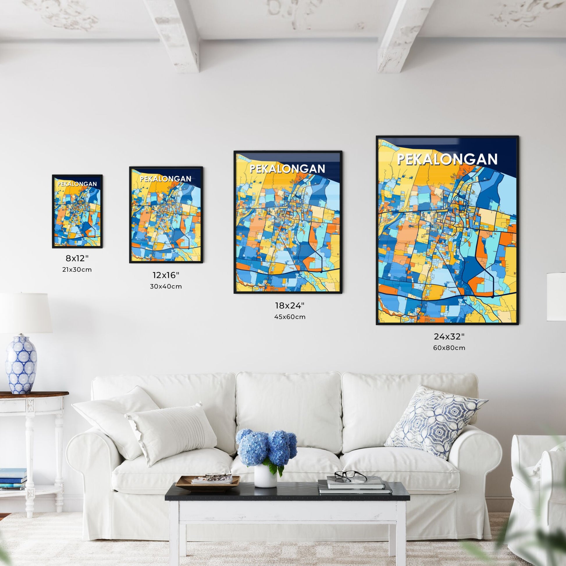 PEKALONGAN INDONESIA Vibrant Colorful Art Map Poster Blue Orange