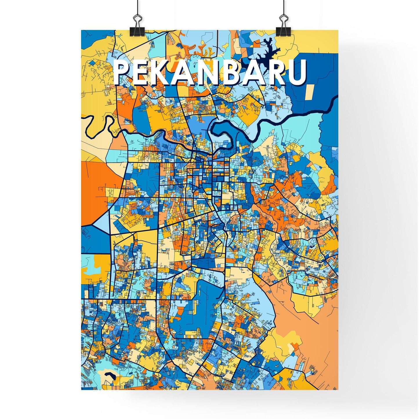 PEKANBARU INDONESIA Vibrant Colorful Art Map Poster Blue Orange