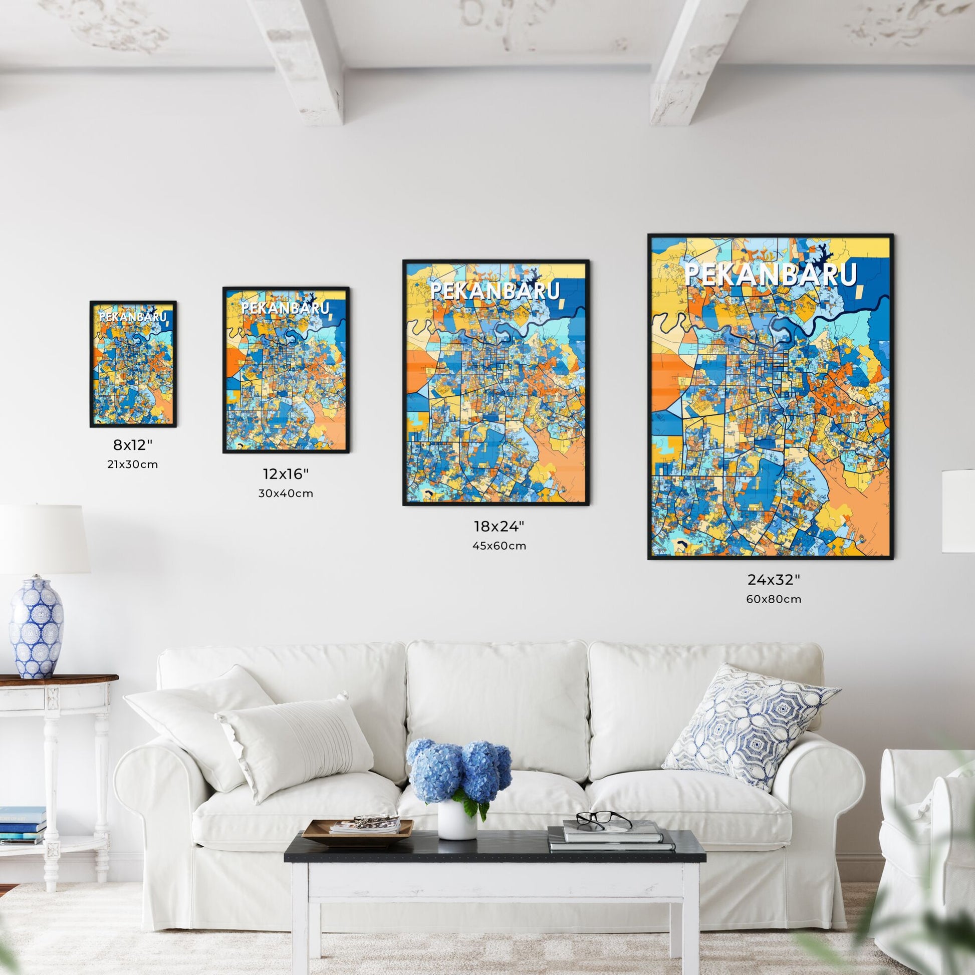 PEKANBARU INDONESIA Vibrant Colorful Art Map Poster Blue Orange