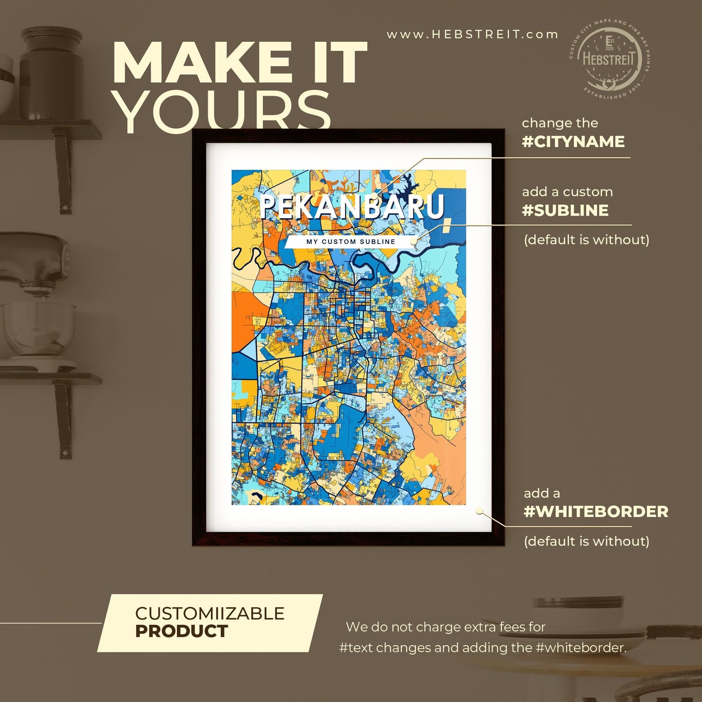 PEKANBARU INDONESIA Vibrant Colorful Art Map Poster Blue Orange