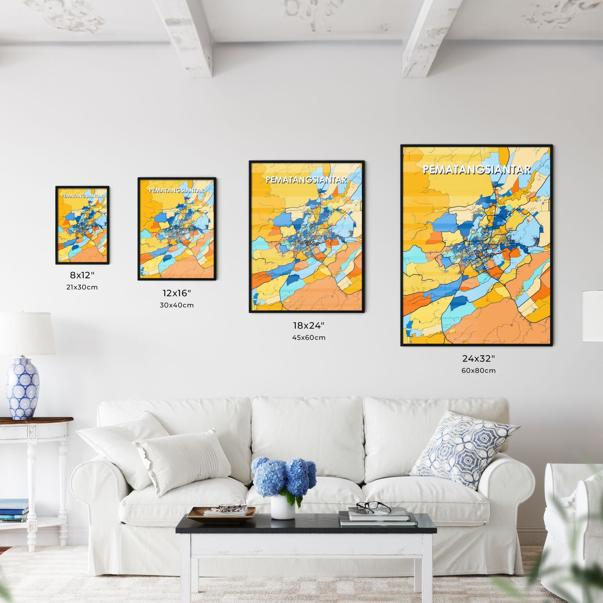 PEMATANGSIANTAR INDONESIA Vibrant Colorful Art Map Poster Blue Orange