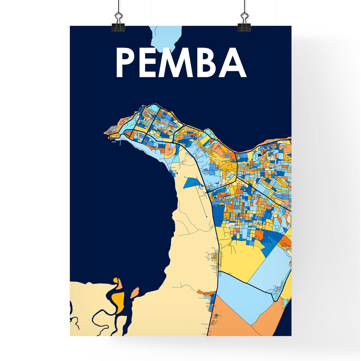 PEMBA MOZAMBIQUE Vibrant Colorful Art Map Poster Blue Orange