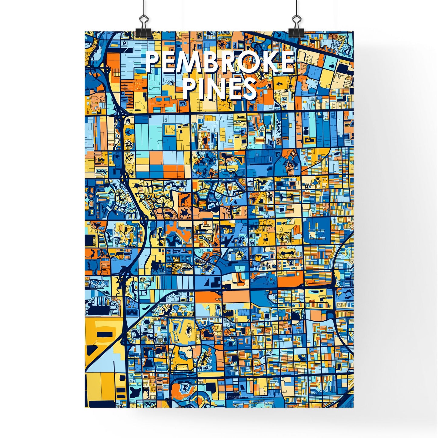 PEMBROKE PINES FLORIDA Vibrant Colorful Art Map Poster Blue Orange