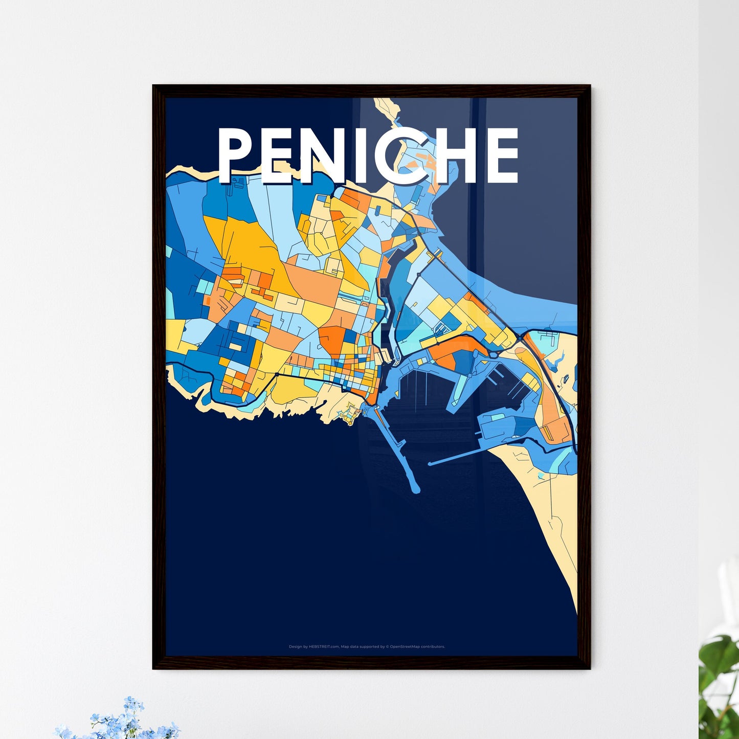 PENICHE PORTUGAL Vibrant Colorful Art Map Poster Blue Orange