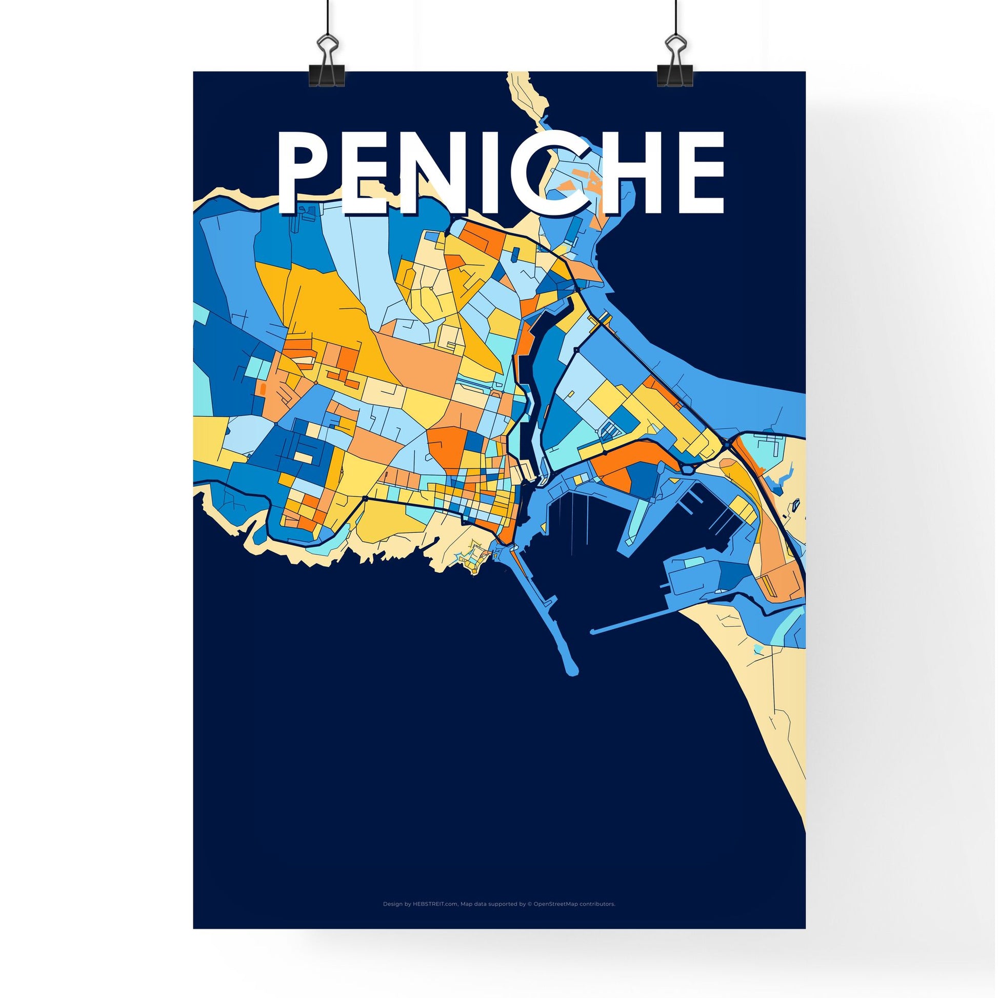 PENICHE PORTUGAL Vibrant Colorful Art Map Poster Blue Orange