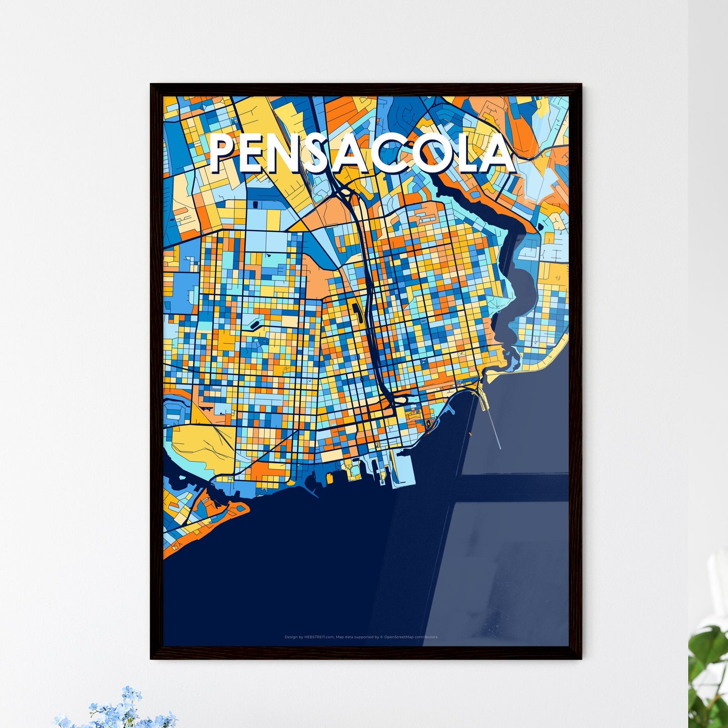 PENSACOLA FLORIDA Vibrant Colorful Art Map Poster Blue Orange