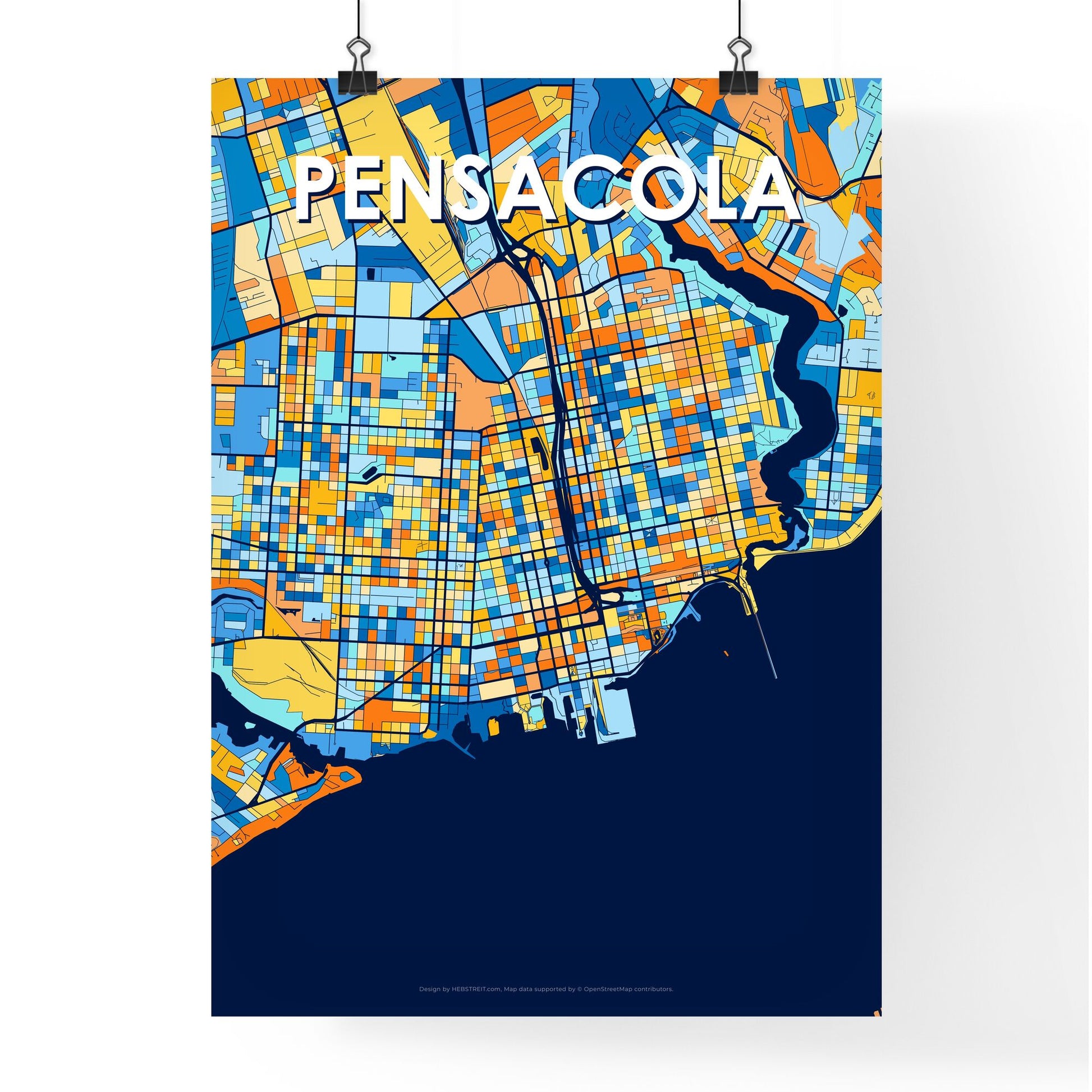 PENSACOLA FLORIDA Vibrant Colorful Art Map Poster Blue Orange