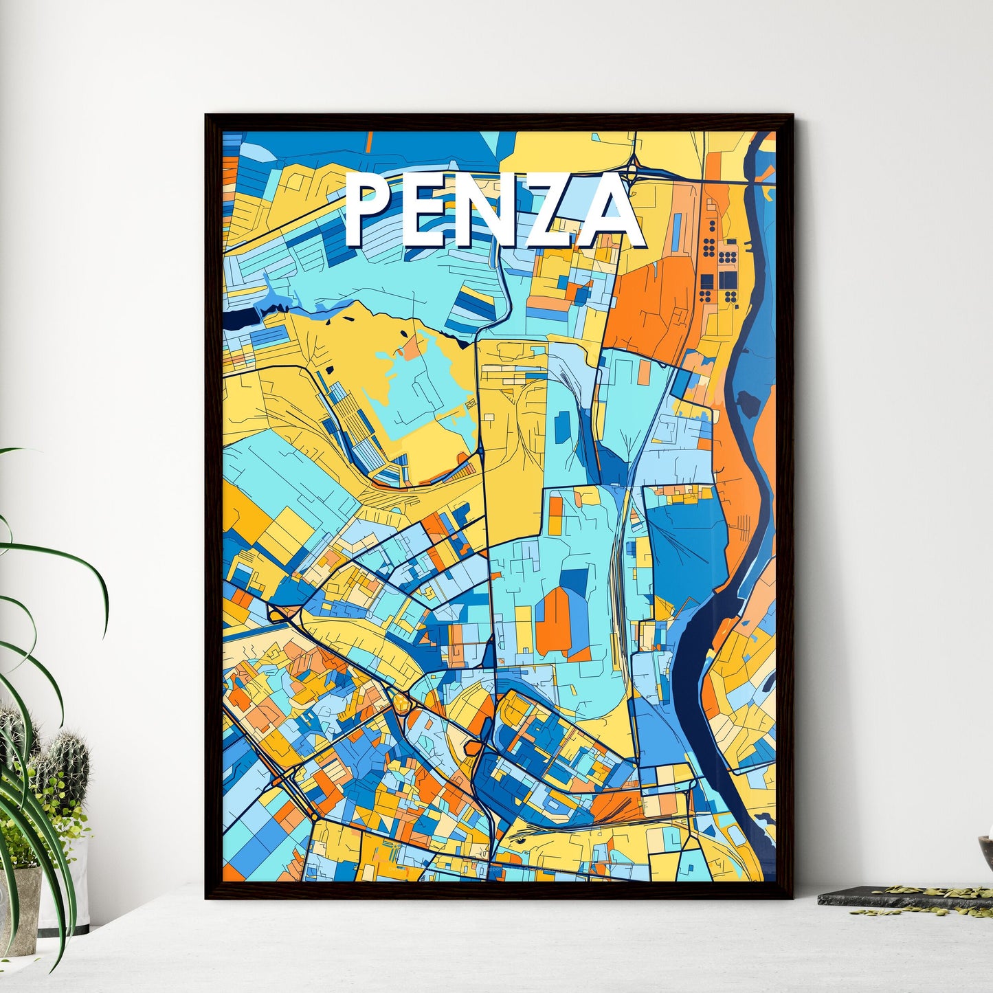 PENZA RUSSIA Vibrant Colorful Art Map Poster Blue Orange