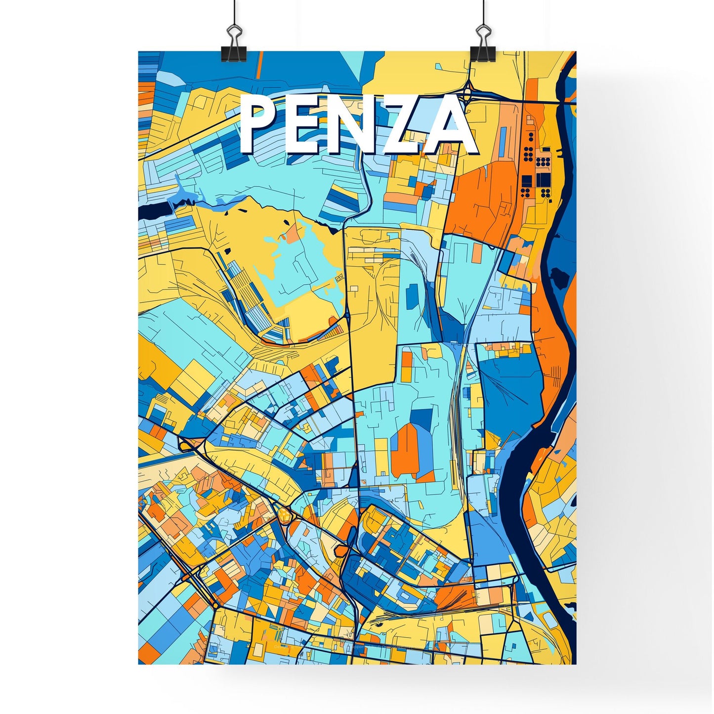 PENZA RUSSIA Vibrant Colorful Art Map Poster Blue Orange