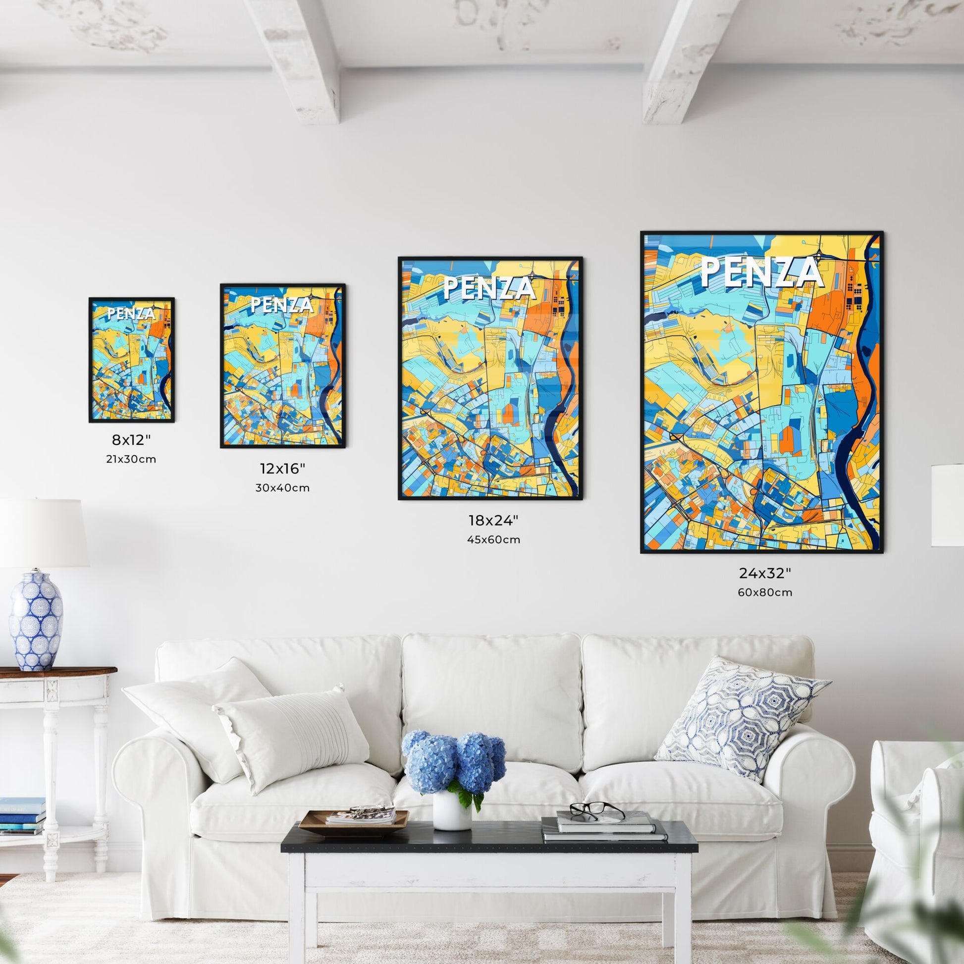 PENZA RUSSIA Vibrant Colorful Art Map Poster Blue Orange