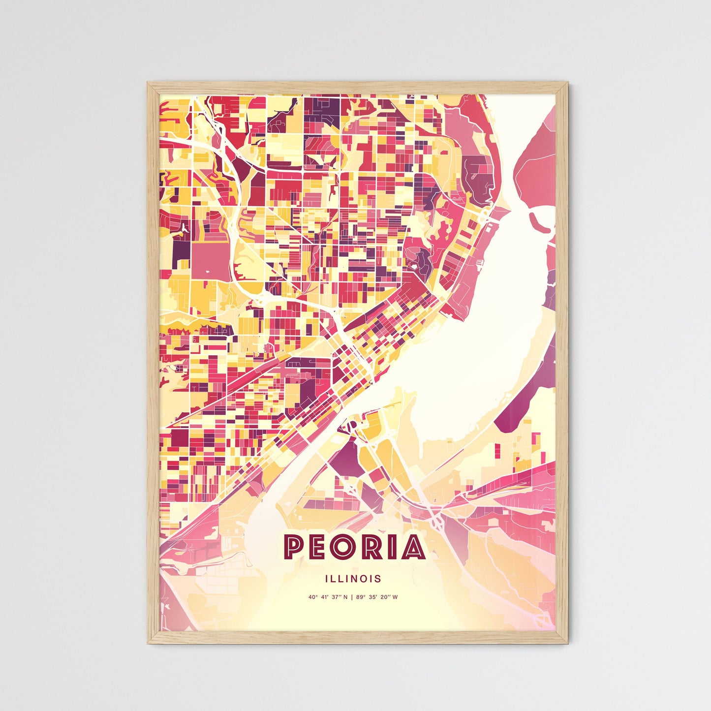 Colorful Peoria Illinois Fine Art Map Hot Red